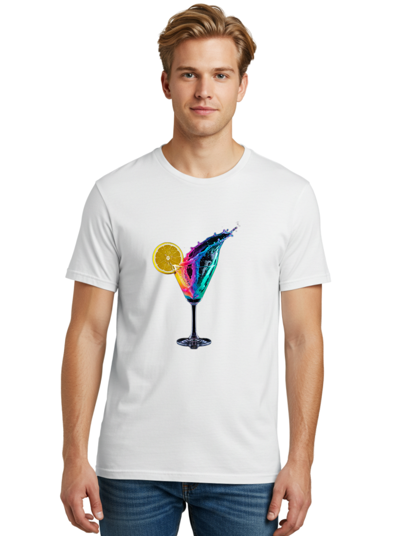 Rainbow-Cocktail Men'S Graphic Tee, 100% Cotton, Comfortable Casual Summer Wear, Machine Washable, Colorful Cocktail, Vibrant Drink, Splash Art, Orange Slice Garnish, Creative Mixology, Refreshing Beverage, Nightlife Ambiance, Party Drink Bad468