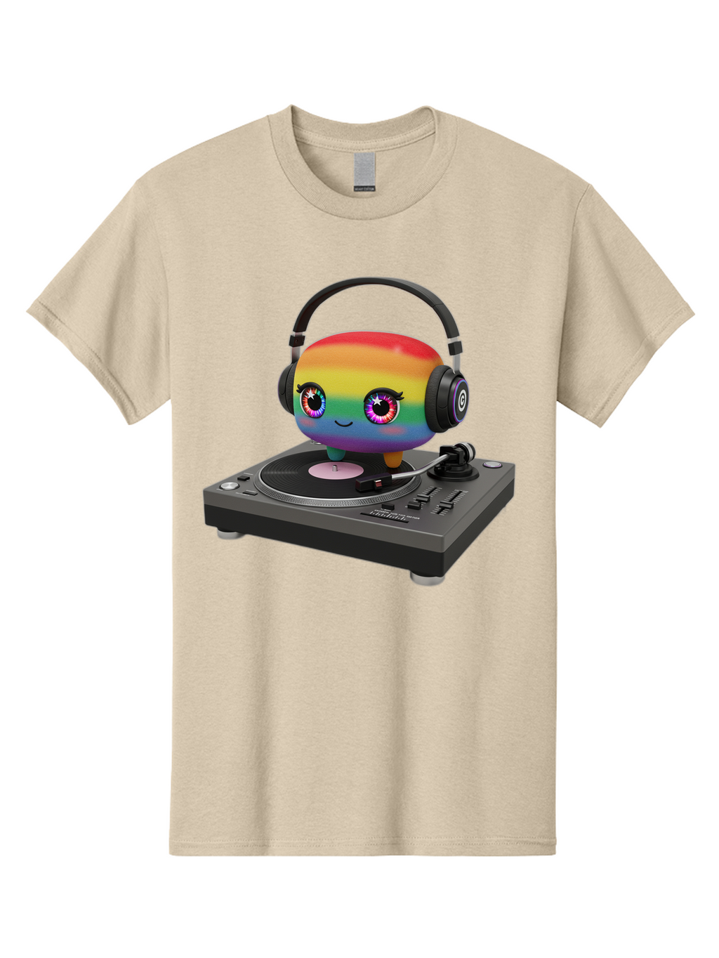 Rainbow-Kawaii-Dj Men'S Graphic Tee, 100% Cotton, Comfortable Casual Summer Wear, Machine Washable, Rainbow-Colored Emoji, Djing With Headphones, Vinyl Record Player, Music Production, Colorful Character, Playful Illustration, 3D Art, Bad469