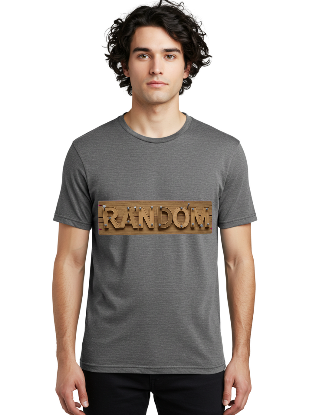 Random Men'S Graphic Tee, 100% Cotton, Comfortable Casual Summer Wear, Machine Washable, Wooden Sign, 3D Text, Random Word, Abstract Concept, Creative Design, Modern Art, Unusual Typography, Wooden Texture, Metal Bolts Bad470