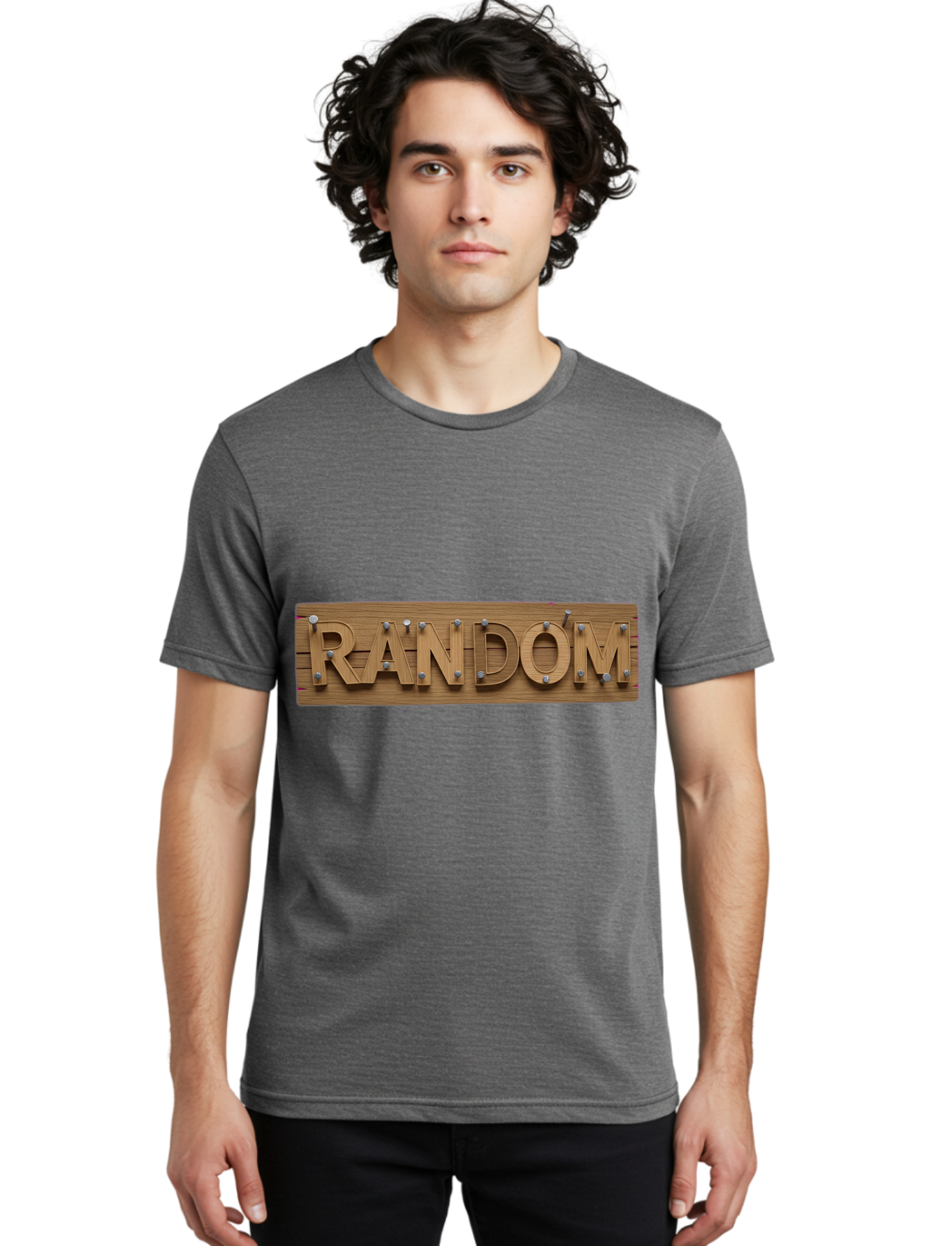 Random Men'S Graphic Tee, 100% Cotton, Comfortable Casual Summer Wear, Machine Washable, Wooden Sign, 3D Text, Random Word, Abstract Concept, Creative Design, Modern Art, Unusual Typography, Wooden Texture, Metal Bolts Bad470