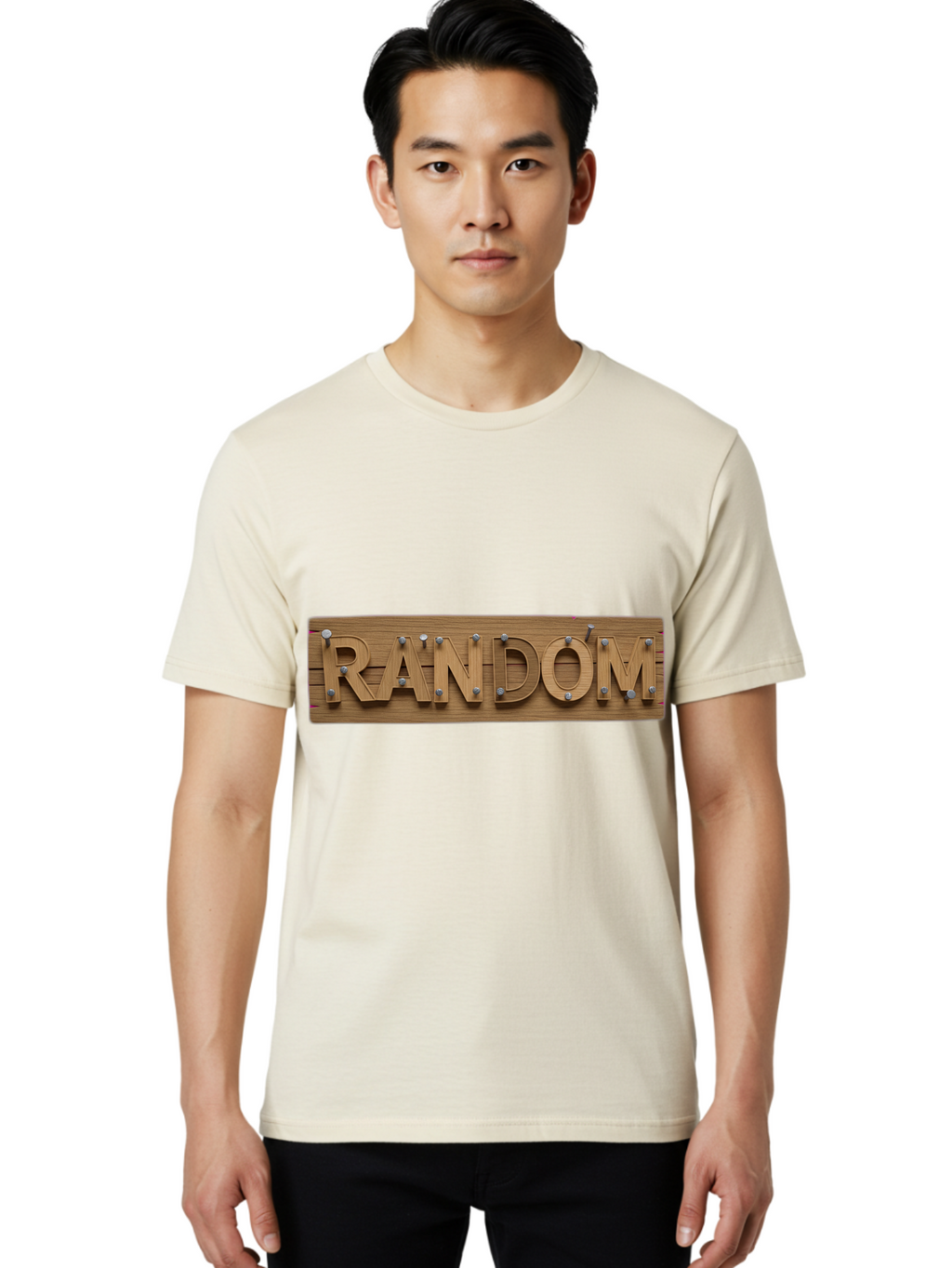 Random Men'S Graphic Tee, 100% Cotton, Comfortable Casual Summer Wear, Machine Washable, Wooden Sign, 3D Text, Random Word, Abstract Concept, Creative Design, Modern Art, Unusual Typography, Wooden Texture, Metal Bolts Bad470