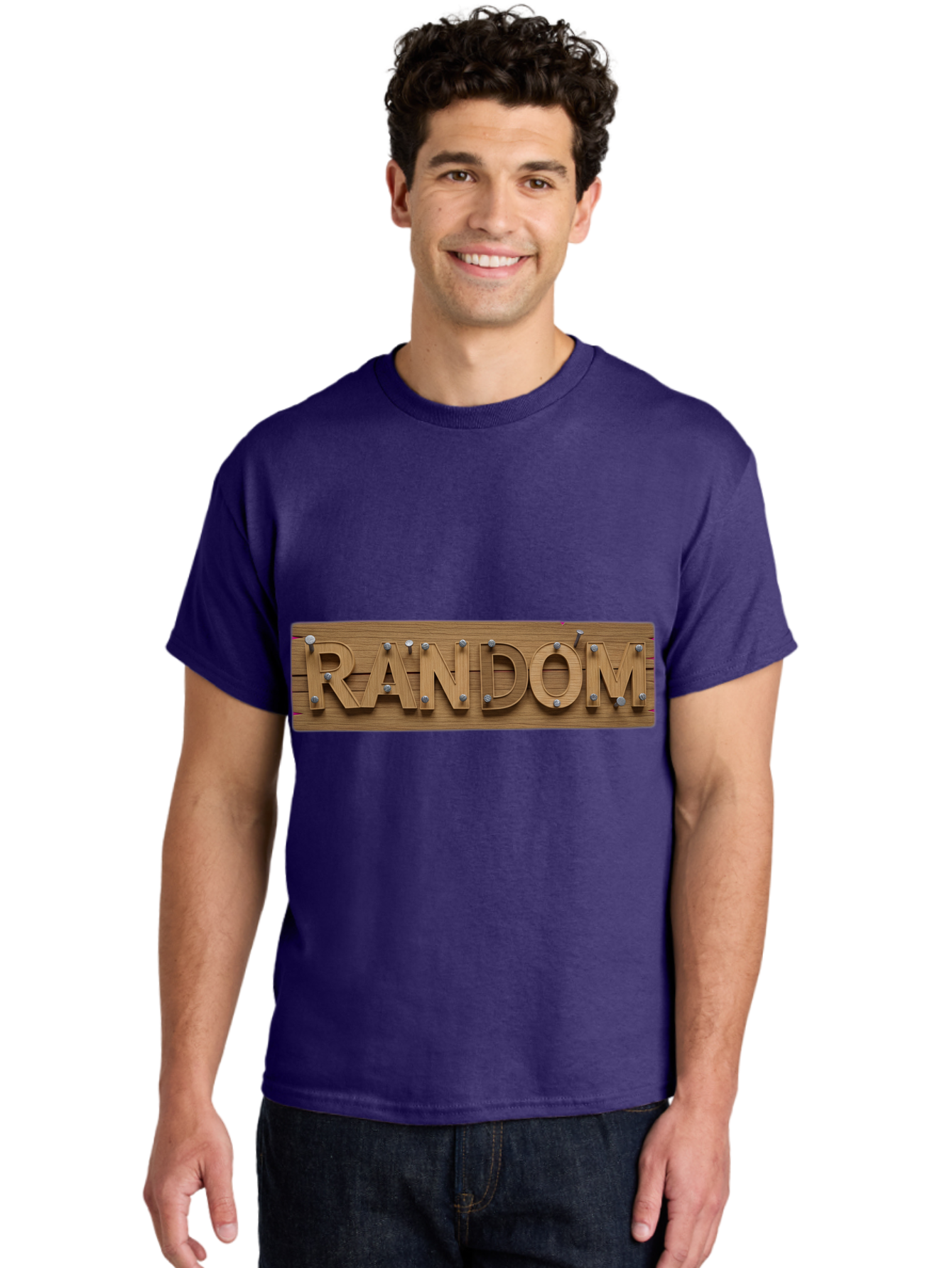 Random Men'S Graphic Tee, 100% Cotton, Comfortable Casual Summer Wear, Machine Washable, Wooden Sign, 3D Text, Random Word, Abstract Concept, Creative Design, Modern Art, Unusual Typography, Wooden Texture, Metal Bolts Bad470