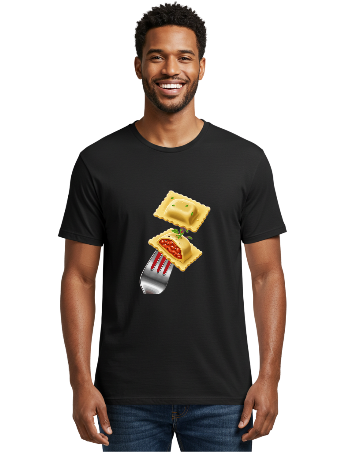 Ravioli Men'S Graphic Tee, 100% Cotton, Comfortable Casual Summer Wear, Machine Washable, Ravioli On Fork, Pasta Dish, Italian Cuisine, Stuffed Pasta, Red Sauce, Green Herbs, Culinary Art, Food Illustration, Gourmet Meal Bad472