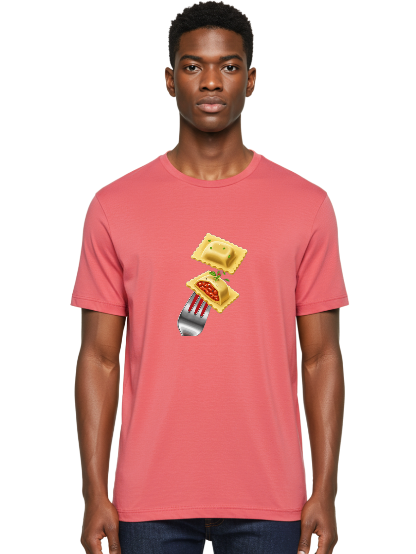 Ravioli Men'S Graphic Tee, 100% Cotton, Comfortable Casual Summer Wear, Machine Washable, Ravioli On Fork, Pasta Dish, Italian Cuisine, Stuffed Pasta, Red Sauce, Green Herbs, Culinary Art, Food Illustration, Gourmet Meal Bad472