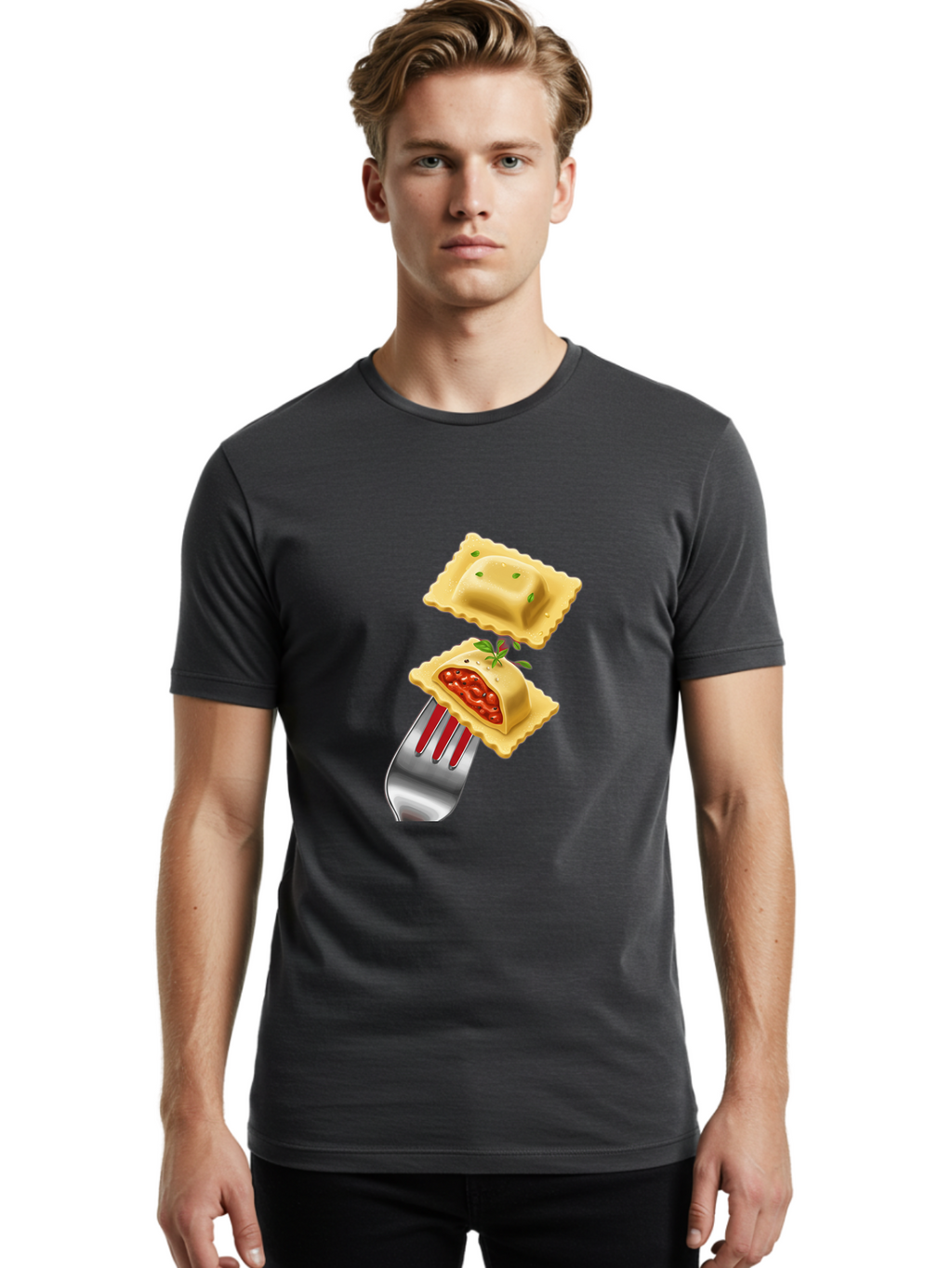 Ravioli Men'S Graphic Tee, 100% Cotton, Comfortable Casual Summer Wear, Machine Washable, Ravioli On Fork, Pasta Dish, Italian Cuisine, Stuffed Pasta, Red Sauce, Green Herbs, Culinary Art, Food Illustration, Gourmet Meal Bad472