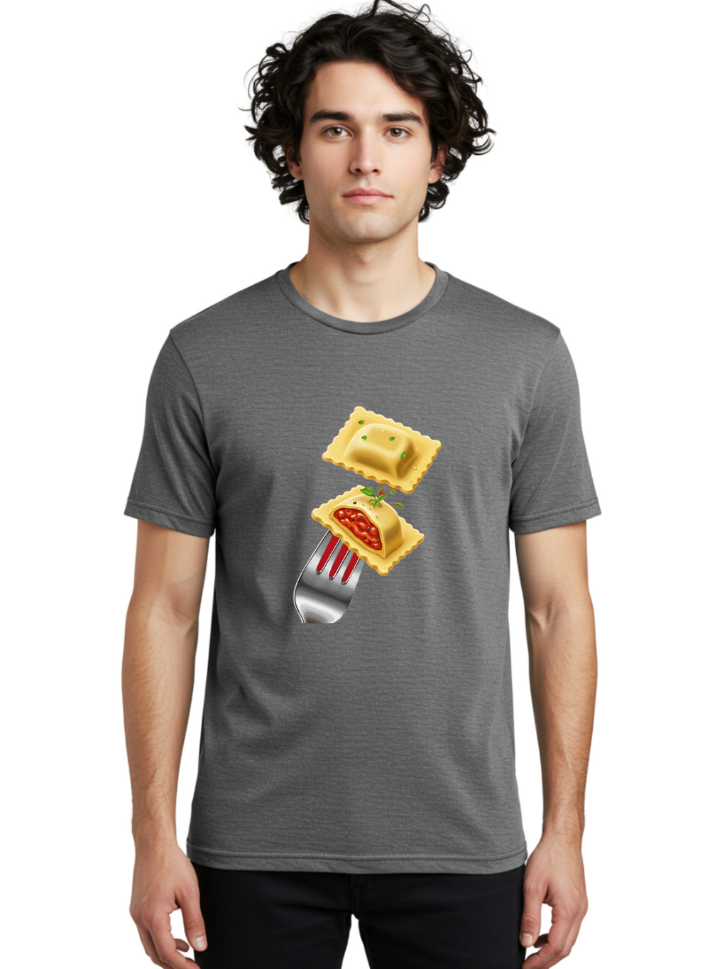 Ravioli Men'S Graphic Tee, 100% Cotton, Comfortable Casual Summer Wear, Machine Washable, Ravioli On Fork, Pasta Dish, Italian Cuisine, Stuffed Pasta, Red Sauce, Green Herbs, Culinary Art, Food Illustration, Gourmet Meal Bad472