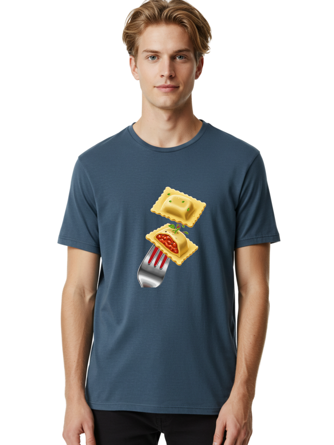 Ravioli Men'S Graphic Tee, 100% Cotton, Comfortable Casual Summer Wear, Machine Washable, Ravioli On Fork, Pasta Dish, Italian Cuisine, Stuffed Pasta, Red Sauce, Green Herbs, Culinary Art, Food Illustration, Gourmet Meal Bad472