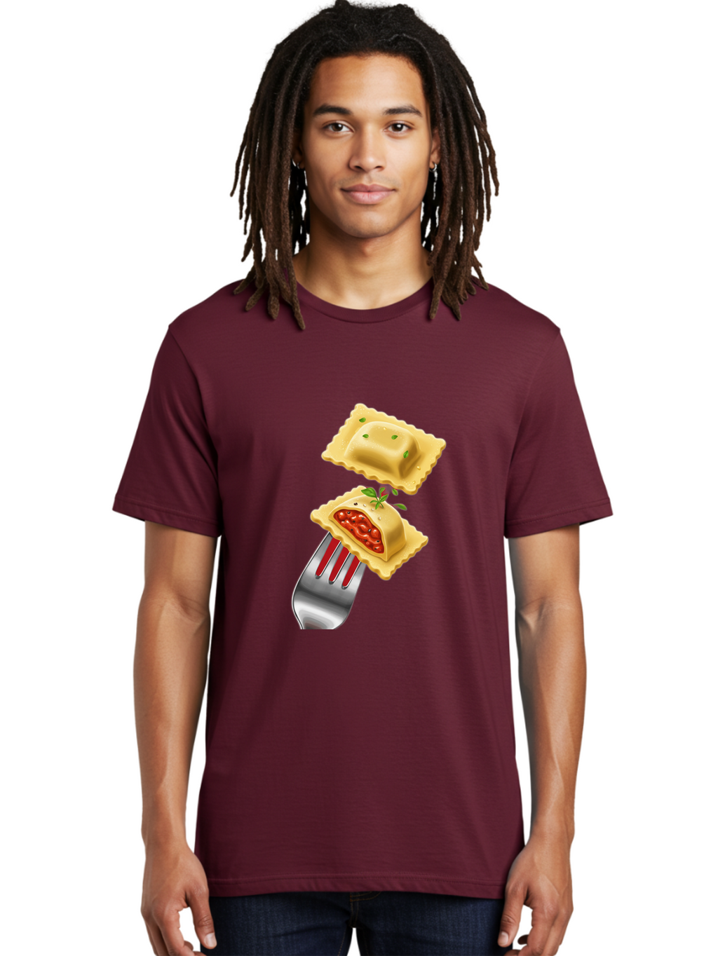 Ravioli Men'S Graphic Tee, 100% Cotton, Comfortable Casual Summer Wear, Machine Washable, Ravioli On Fork, Pasta Dish, Italian Cuisine, Stuffed Pasta, Red Sauce, Green Herbs, Culinary Art, Food Illustration, Gourmet Meal Bad472