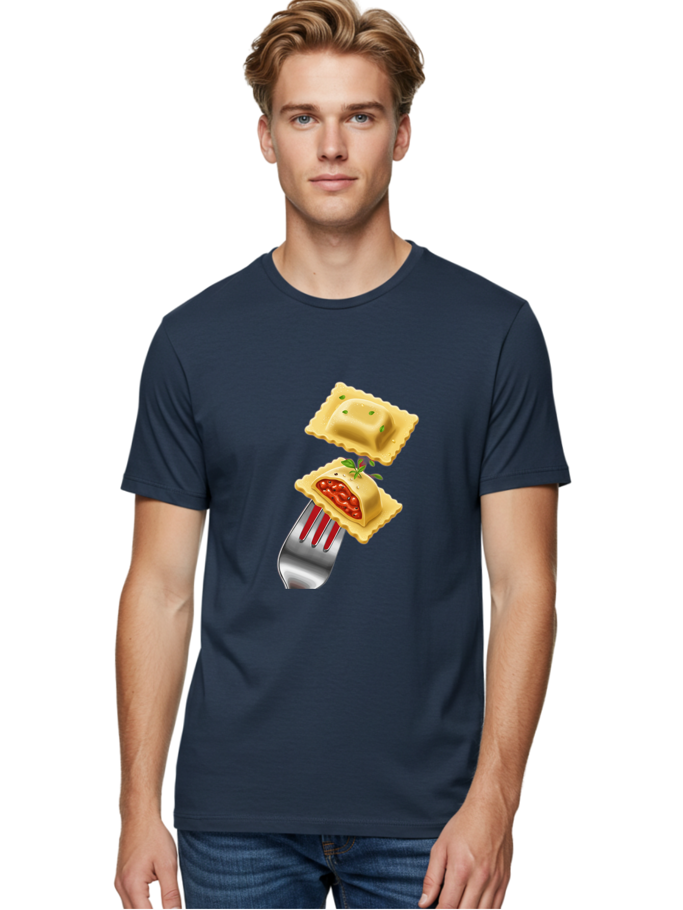 Ravioli Men'S Graphic Tee, 100% Cotton, Comfortable Casual Summer Wear, Machine Washable, Ravioli On Fork, Pasta Dish, Italian Cuisine, Stuffed Pasta, Red Sauce, Green Herbs, Culinary Art, Food Illustration, Gourmet Meal Bad472