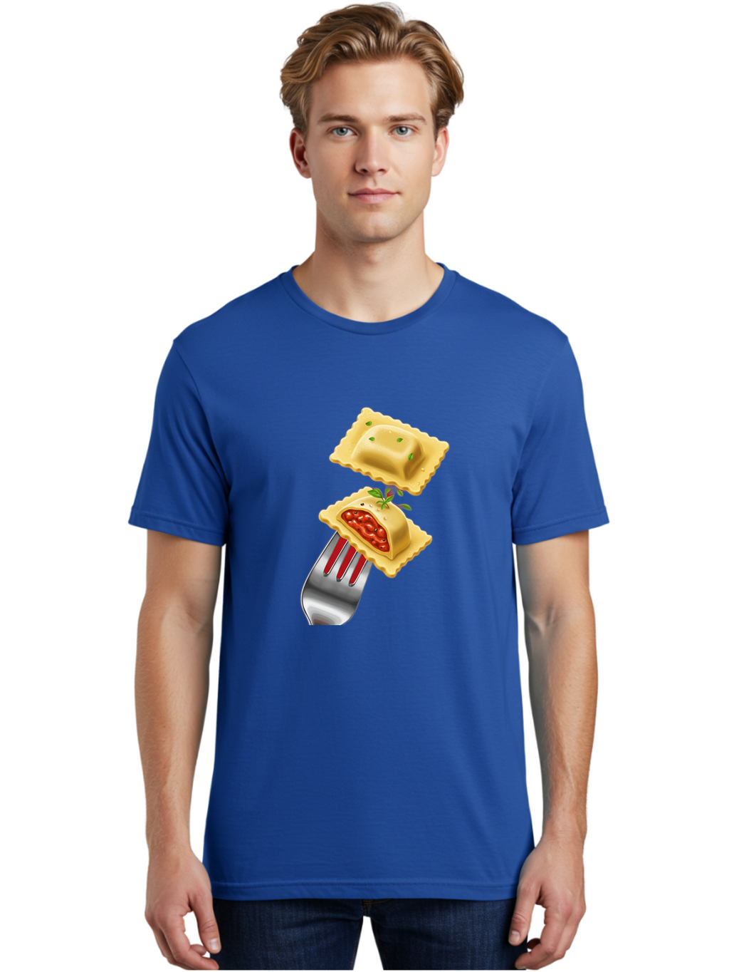 Ravioli Men'S Graphic Tee, 100% Cotton, Comfortable Casual Summer Wear, Machine Washable, Ravioli On Fork, Pasta Dish, Italian Cuisine, Stuffed Pasta, Red Sauce, Green Herbs, Culinary Art, Food Illustration, Gourmet Meal Bad472