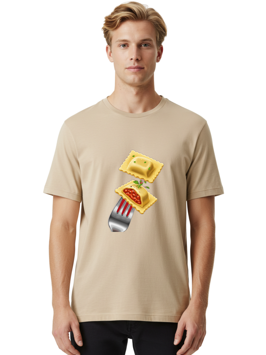 Ravioli Men'S Graphic Tee, 100% Cotton, Comfortable Casual Summer Wear, Machine Washable, Ravioli On Fork, Pasta Dish, Italian Cuisine, Stuffed Pasta, Red Sauce, Green Herbs, Culinary Art, Food Illustration, Gourmet Meal Bad472