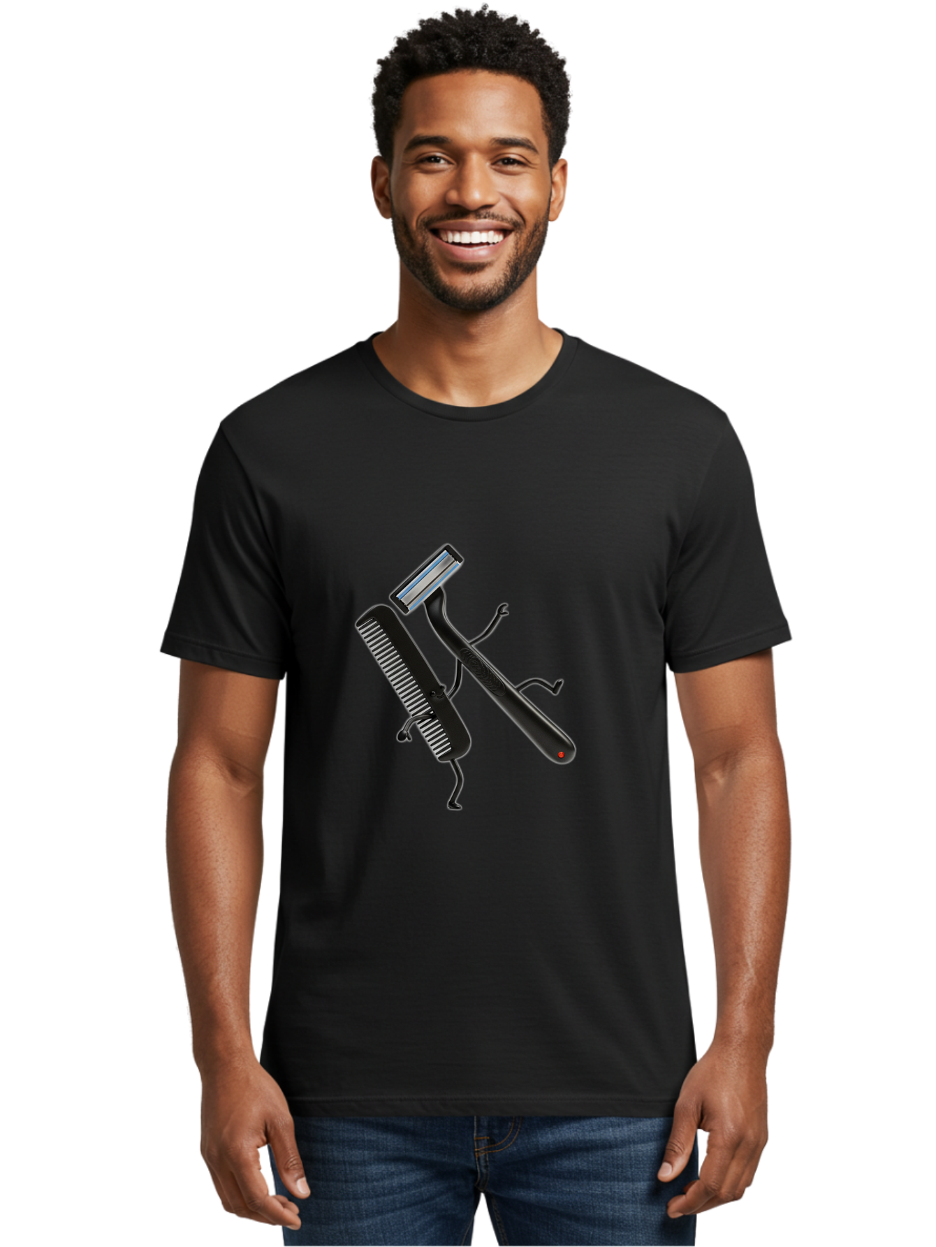 Razor-And-Comb Men'S Graphic Tee, 100% Cotton, Comfortable Casual Summer Wear, Machine Washable, Razor And Comb, Grooming Tools, Shaving Accessories, Personal Care, Beauty Products, Male Grooming, Razor Blade, Hair Comb Bad473