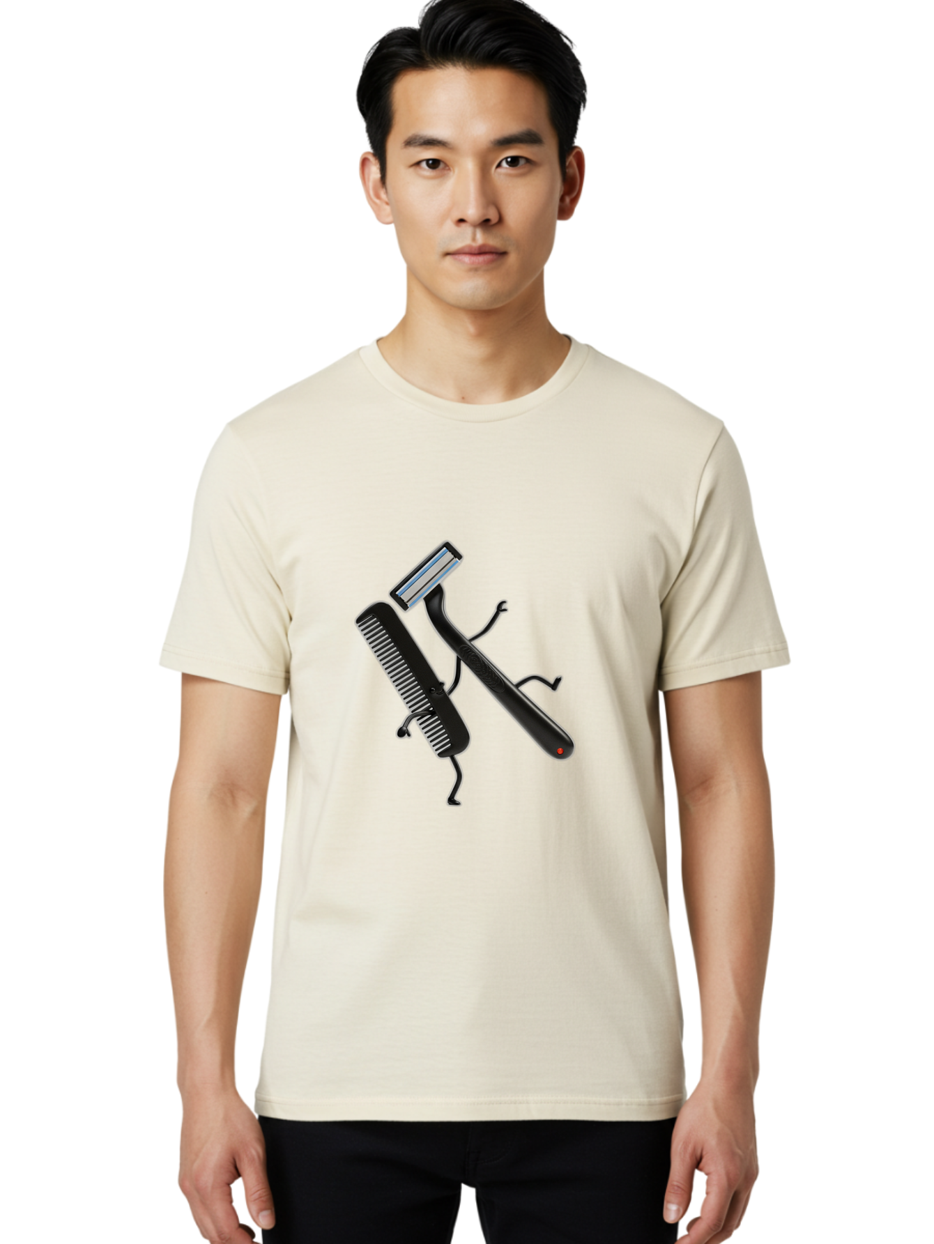 Razor-And-Comb Men'S Graphic Tee, 100% Cotton, Comfortable Casual Summer Wear, Machine Washable, Razor And Comb, Grooming Tools, Shaving Accessories, Personal Care, Beauty Products, Male Grooming, Razor Blade, Hair Comb Bad473