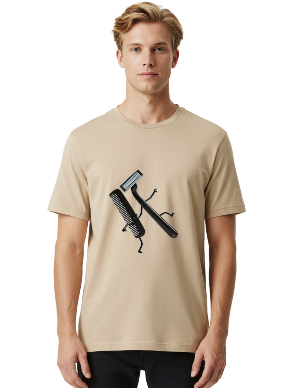 Razor-And-Comb Men'S Graphic Tee, 100% Cotton, Comfortable Casual Summer Wear, Machine Washable, Razor And Comb, Grooming Tools, Shaving Accessories, Personal Care, Beauty Products, Male Grooming, Razor Blade, Hair Comb Bad473