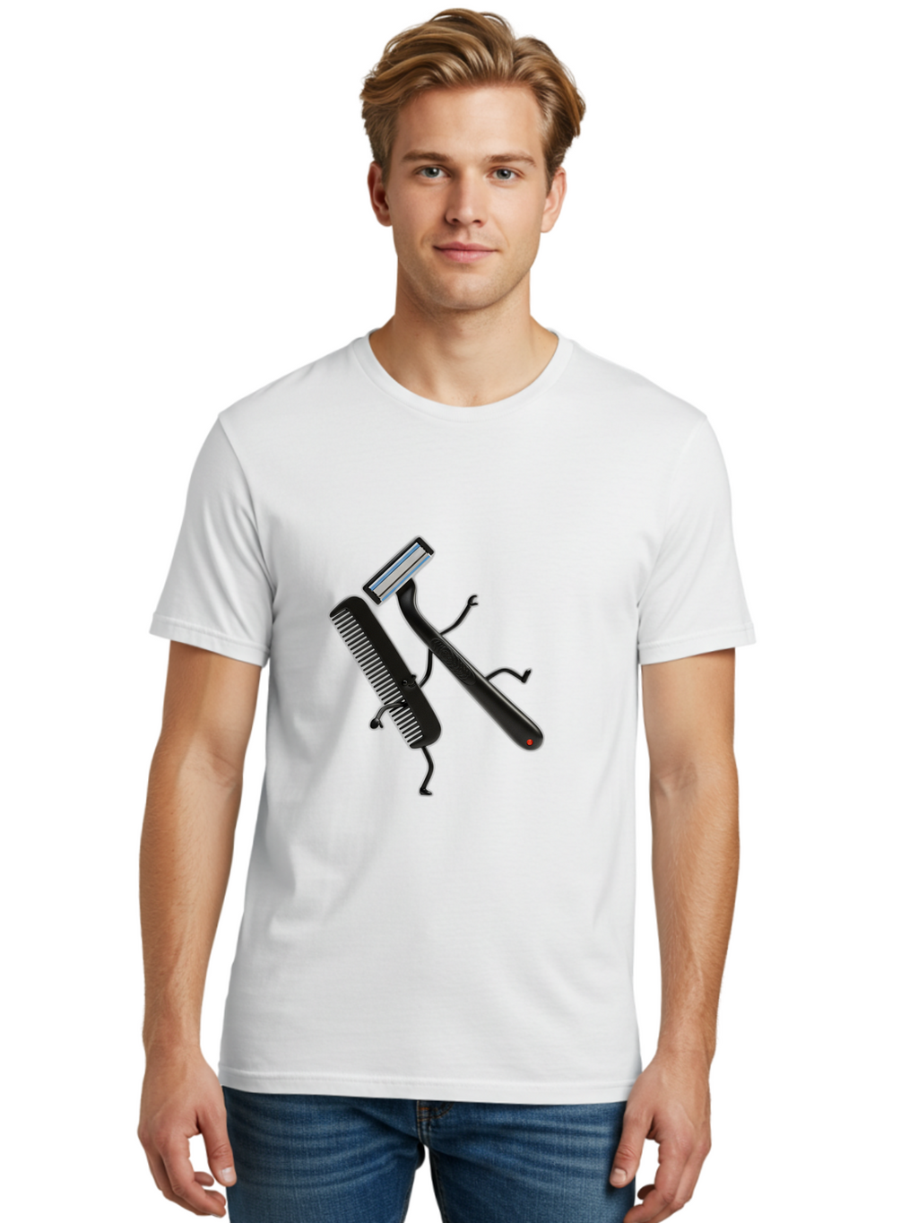 Razor-And-Comb Men'S Graphic Tee, 100% Cotton, Comfortable Casual Summer Wear, Machine Washable, Razor And Comb, Grooming Tools, Shaving Accessories, Personal Care, Beauty Products, Male Grooming, Razor Blade, Hair Comb Bad473