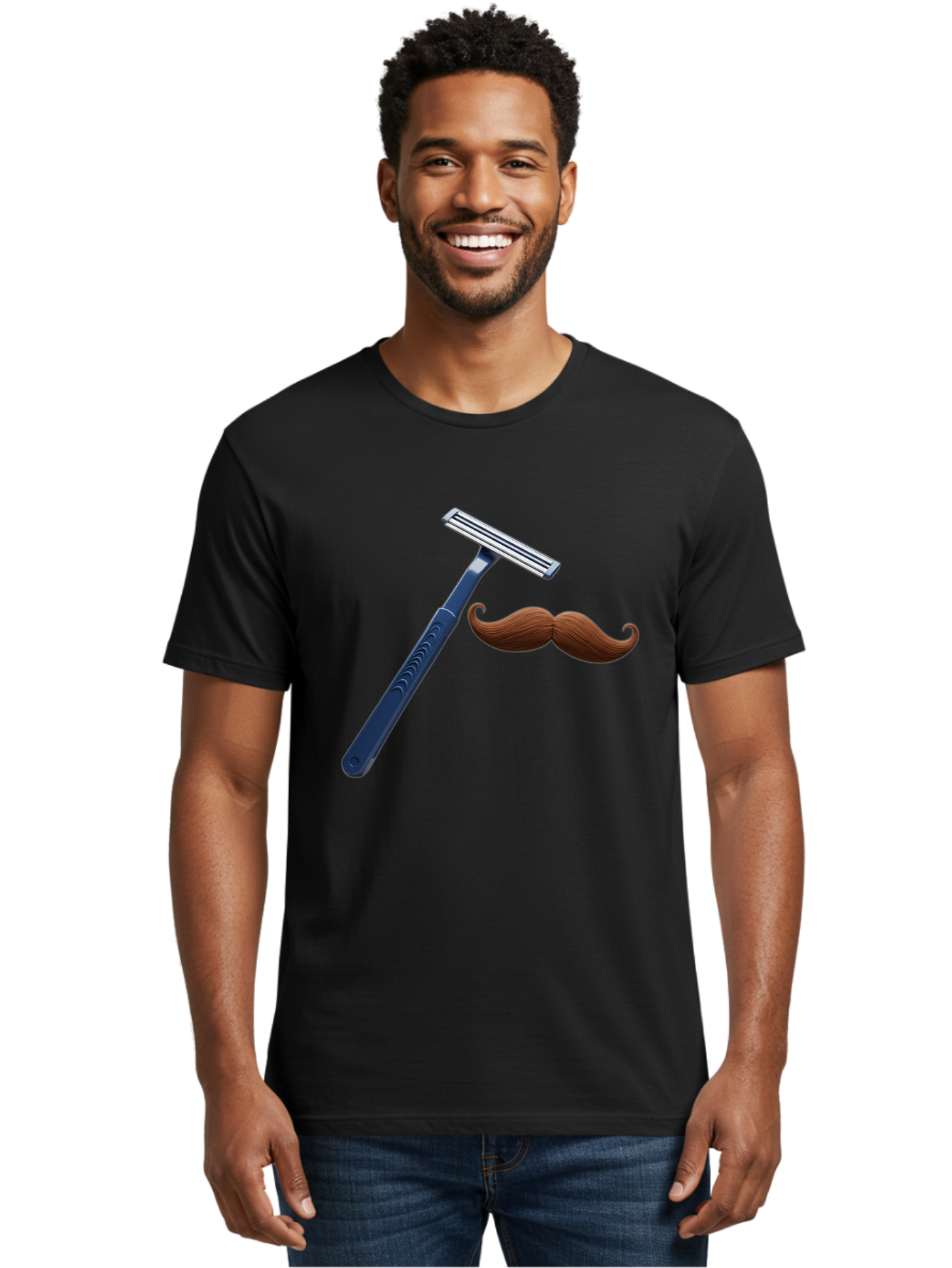 Razor-And-Mustache Men'S Graphic Tee, 100% Cotton, Comfortable Casual Summer Wear, Machine Washable, Safety Razor, Shaving Razor, Men'S Grooming, Facial Hair, Mustache, Blue Handle, Silver Head, Grooming Tools, Personal Care Bad474