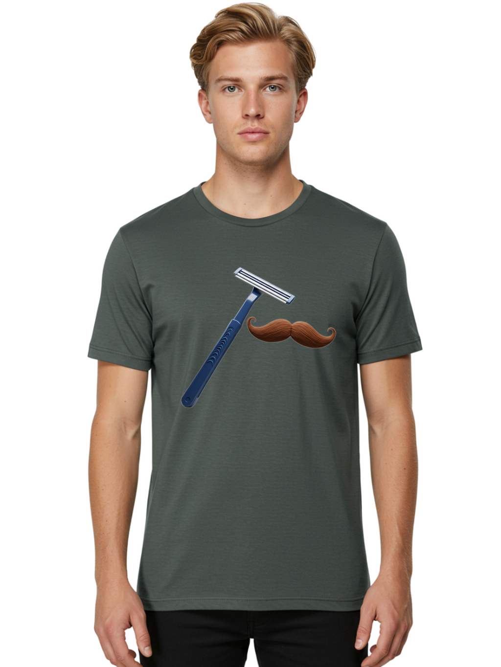 Razor-And-Mustache Men'S Graphic Tee, 100% Cotton, Comfortable Casual Summer Wear, Machine Washable, Safety Razor, Shaving Razor, Men'S Grooming, Facial Hair, Mustache, Blue Handle, Silver Head, Grooming Tools, Personal Care Bad474