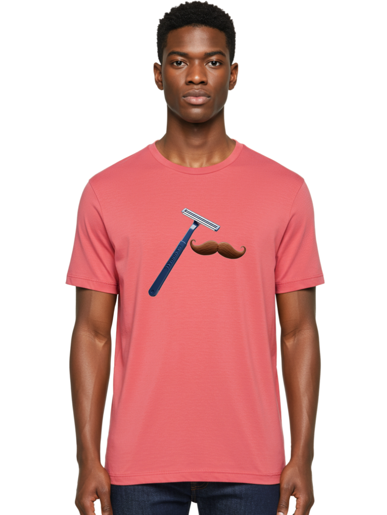 Razor-And-Mustache Men'S Graphic Tee, 100% Cotton, Comfortable Casual Summer Wear, Machine Washable, Safety Razor, Shaving Razor, Men'S Grooming, Facial Hair, Mustache, Blue Handle, Silver Head, Grooming Tools, Personal Care Bad474