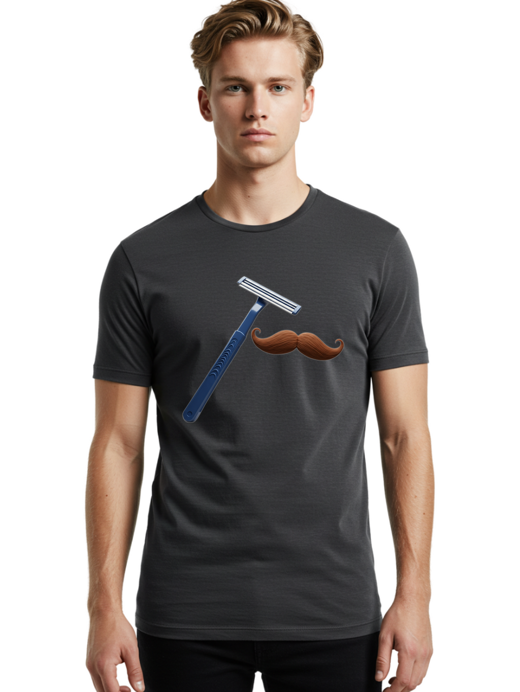 Razor-And-Mustache Men'S Graphic Tee, 100% Cotton, Comfortable Casual Summer Wear, Machine Washable, Safety Razor, Shaving Razor, Men'S Grooming, Facial Hair, Mustache, Blue Handle, Silver Head, Grooming Tools, Personal Care Bad474