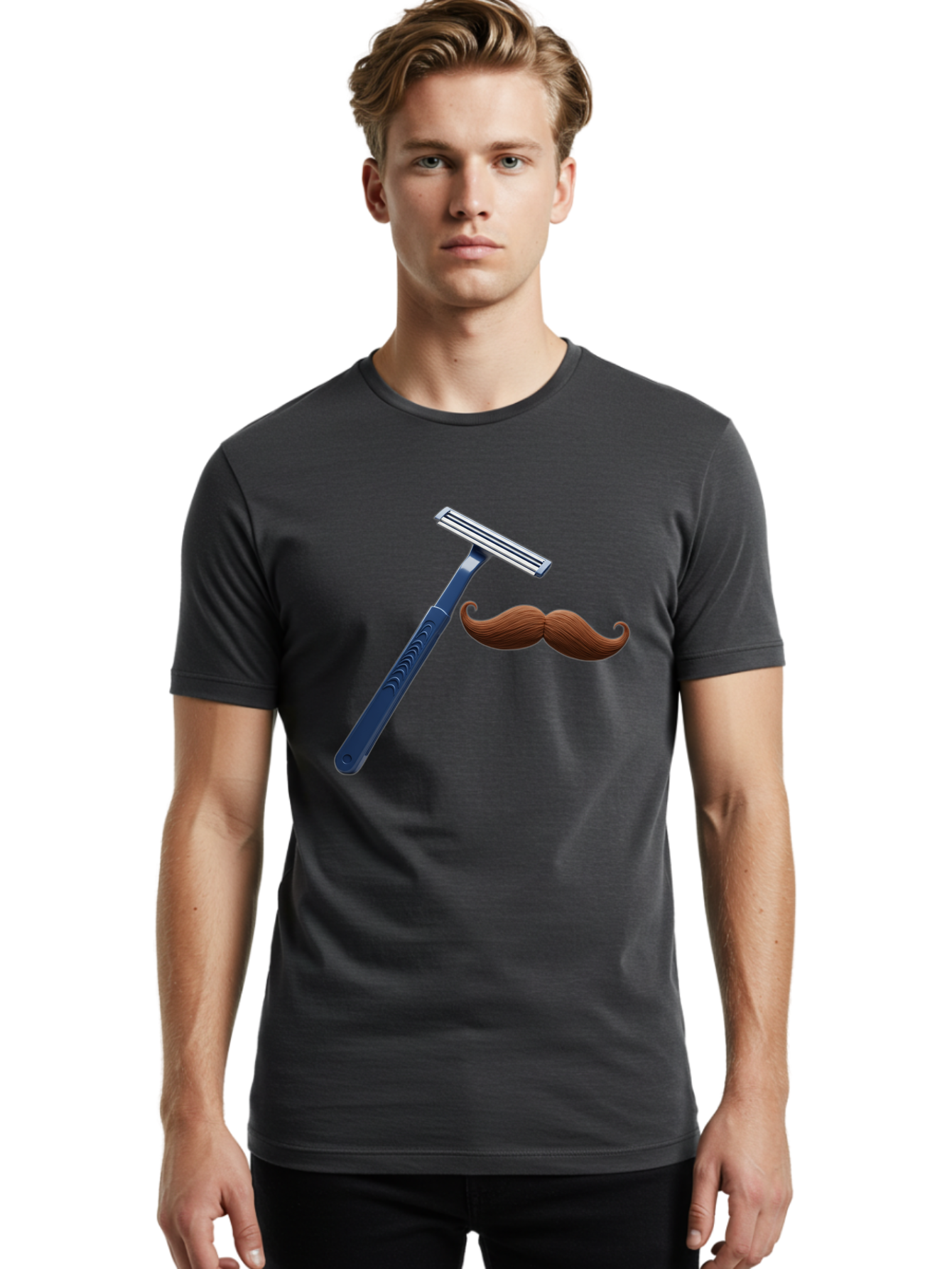 Razor-And-Mustache Men'S Graphic Tee, 100% Cotton, Comfortable Casual Summer Wear, Machine Washable, Safety Razor, Shaving Razor, Men'S Grooming, Facial Hair, Mustache, Blue Handle, Silver Head, Grooming Tools, Personal Care Bad474