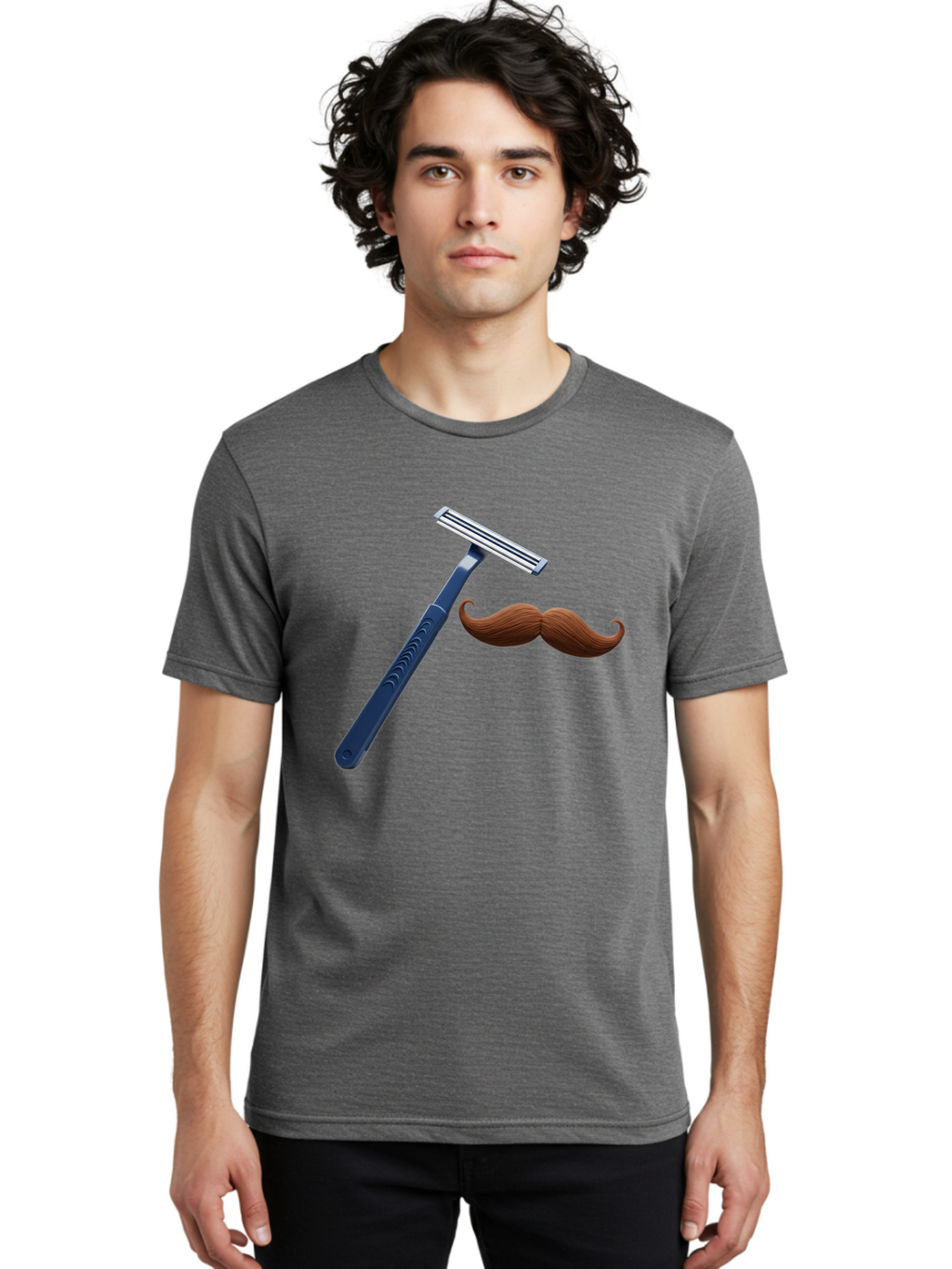 Razor-And-Mustache Men'S Graphic Tee, 100% Cotton, Comfortable Casual Summer Wear, Machine Washable, Safety Razor, Shaving Razor, Men'S Grooming, Facial Hair, Mustache, Blue Handle, Silver Head, Grooming Tools, Personal Care Bad474