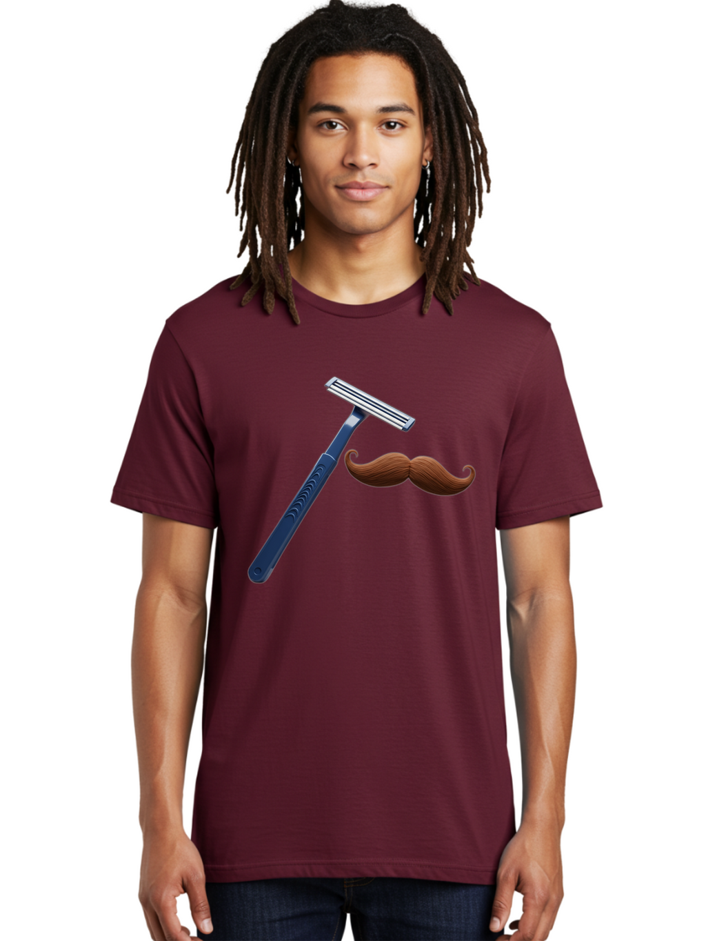 Razor-And-Mustache Men'S Graphic Tee, 100% Cotton, Comfortable Casual Summer Wear, Machine Washable, Safety Razor, Shaving Razor, Men'S Grooming, Facial Hair, Mustache, Blue Handle, Silver Head, Grooming Tools, Personal Care Bad474