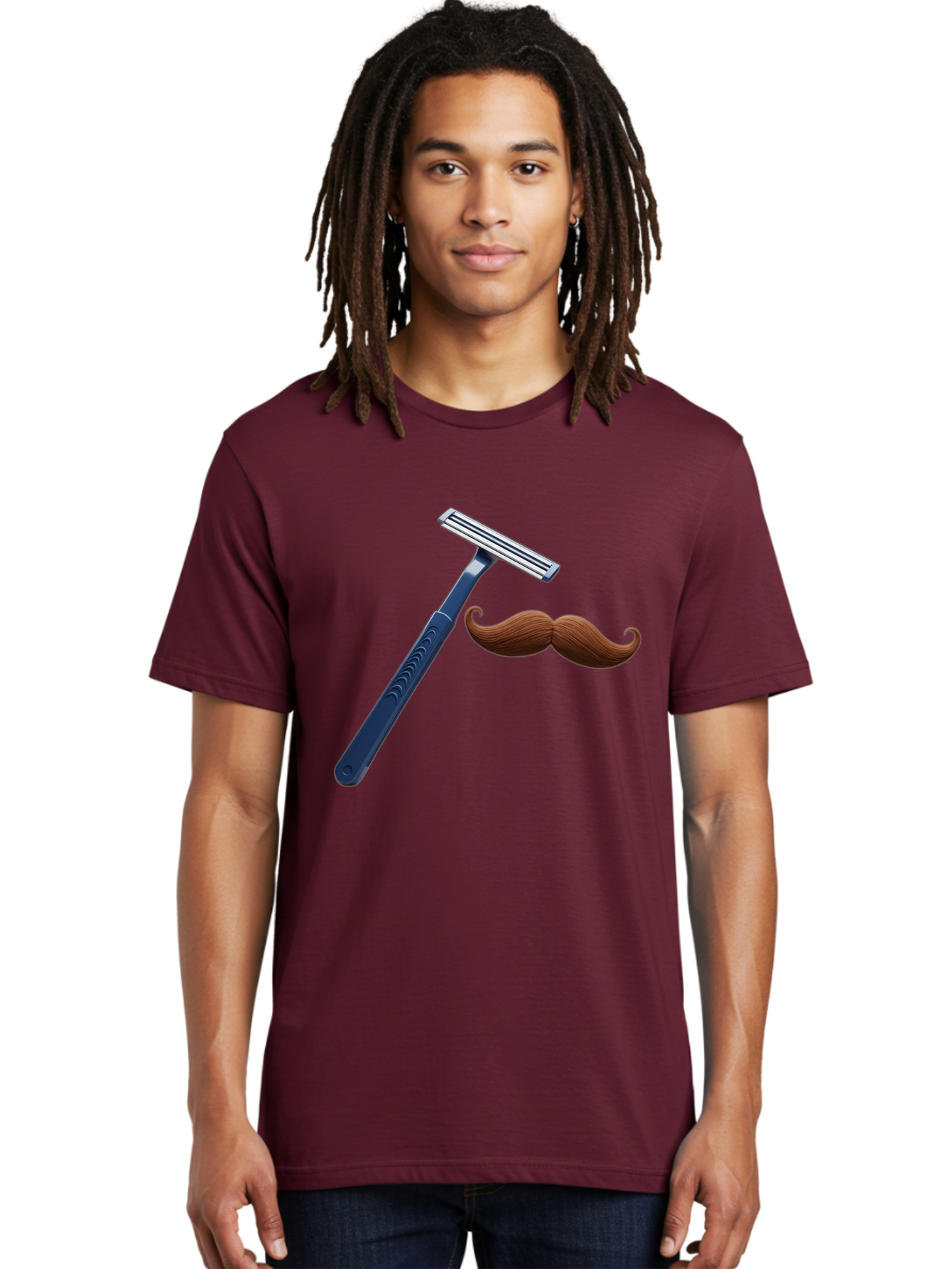 Razor-And-Mustache Men'S Graphic Tee, 100% Cotton, Comfortable Casual Summer Wear, Machine Washable, Safety Razor, Shaving Razor, Men'S Grooming, Facial Hair, Mustache, Blue Handle, Silver Head, Grooming Tools, Personal Care Bad474