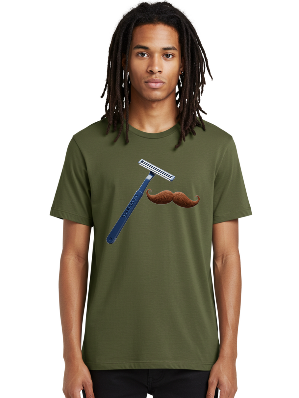 Razor-And-Mustache Men'S Graphic Tee, 100% Cotton, Comfortable Casual Summer Wear, Machine Washable, Safety Razor, Shaving Razor, Men'S Grooming, Facial Hair, Mustache, Blue Handle, Silver Head, Grooming Tools, Personal Care Bad474