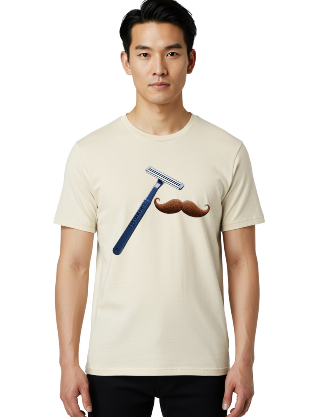 Razor-And-Mustache Men'S Graphic Tee, 100% Cotton, Comfortable Casual Summer Wear, Machine Washable, Safety Razor, Shaving Razor, Men'S Grooming, Facial Hair, Mustache, Blue Handle, Silver Head, Grooming Tools, Personal Care Bad474