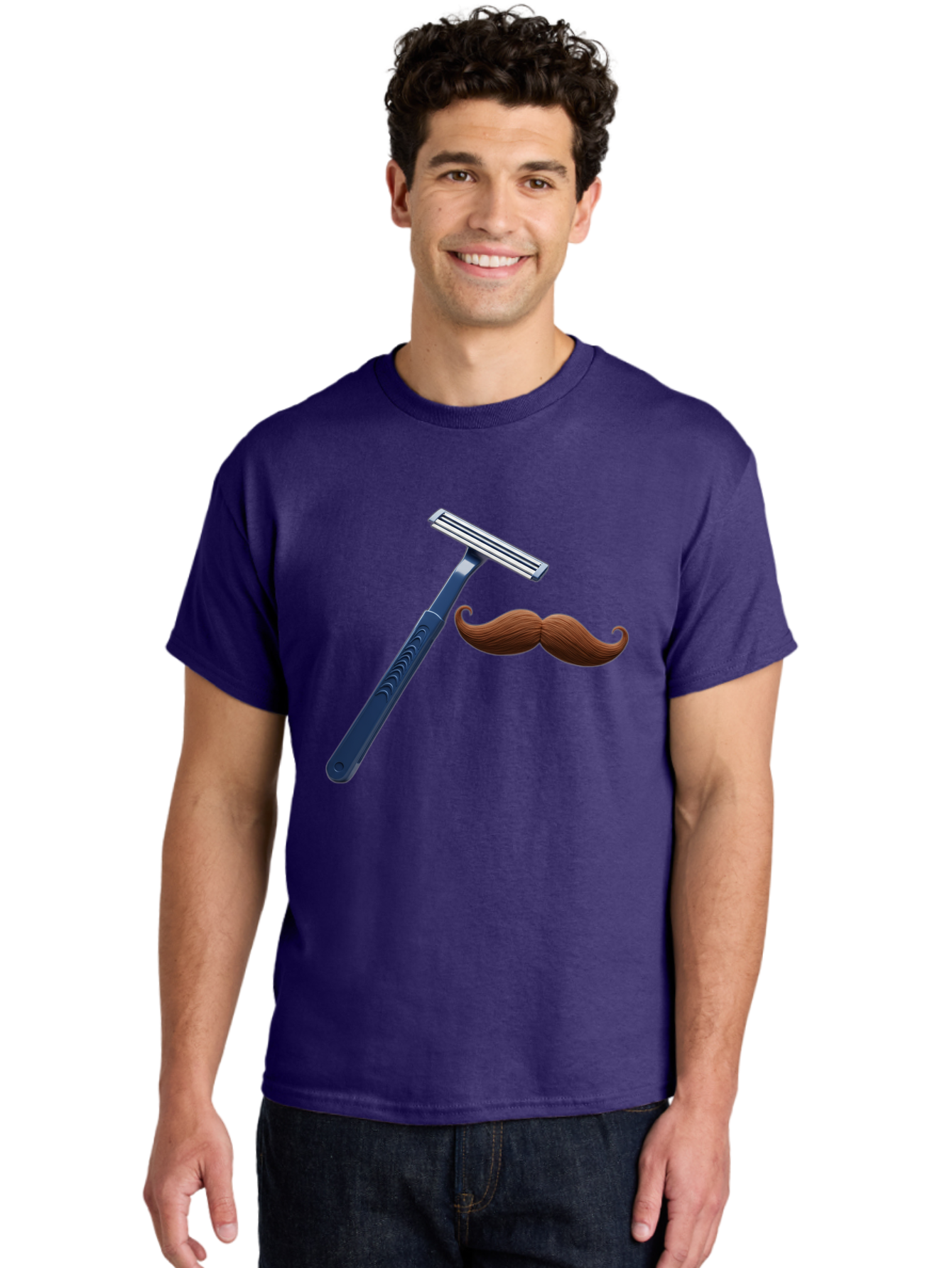 Razor-And-Mustache Men'S Graphic Tee, 100% Cotton, Comfortable Casual Summer Wear, Machine Washable, Safety Razor, Shaving Razor, Men'S Grooming, Facial Hair, Mustache, Blue Handle, Silver Head, Grooming Tools, Personal Care Bad474