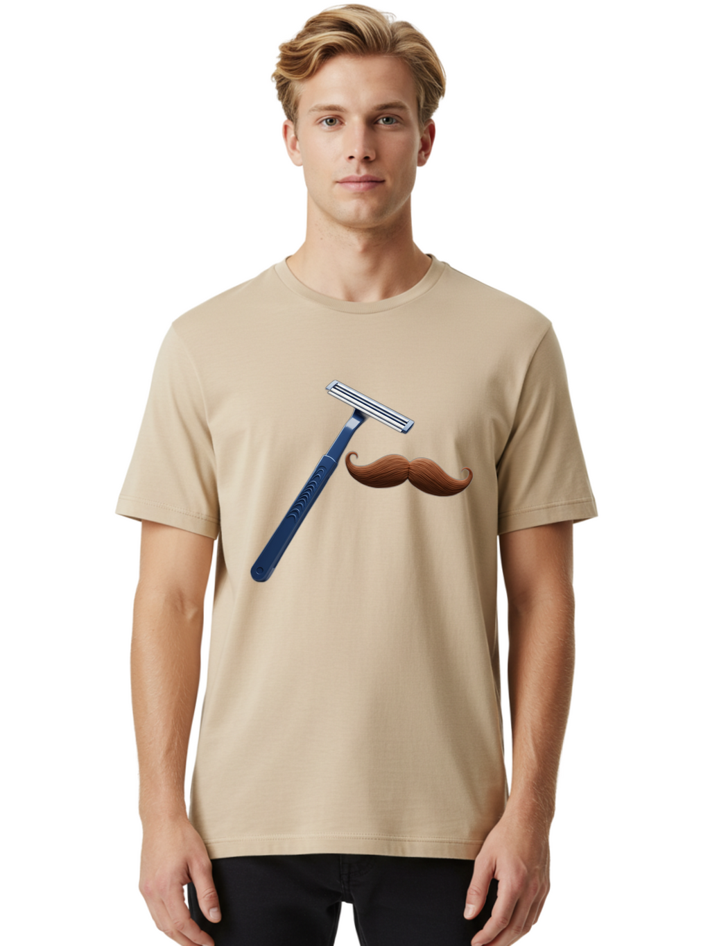 Razor-And-Mustache Men'S Graphic Tee, 100% Cotton, Comfortable Casual Summer Wear, Machine Washable, Safety Razor, Shaving Razor, Men'S Grooming, Facial Hair, Mustache, Blue Handle, Silver Head, Grooming Tools, Personal Care Bad474