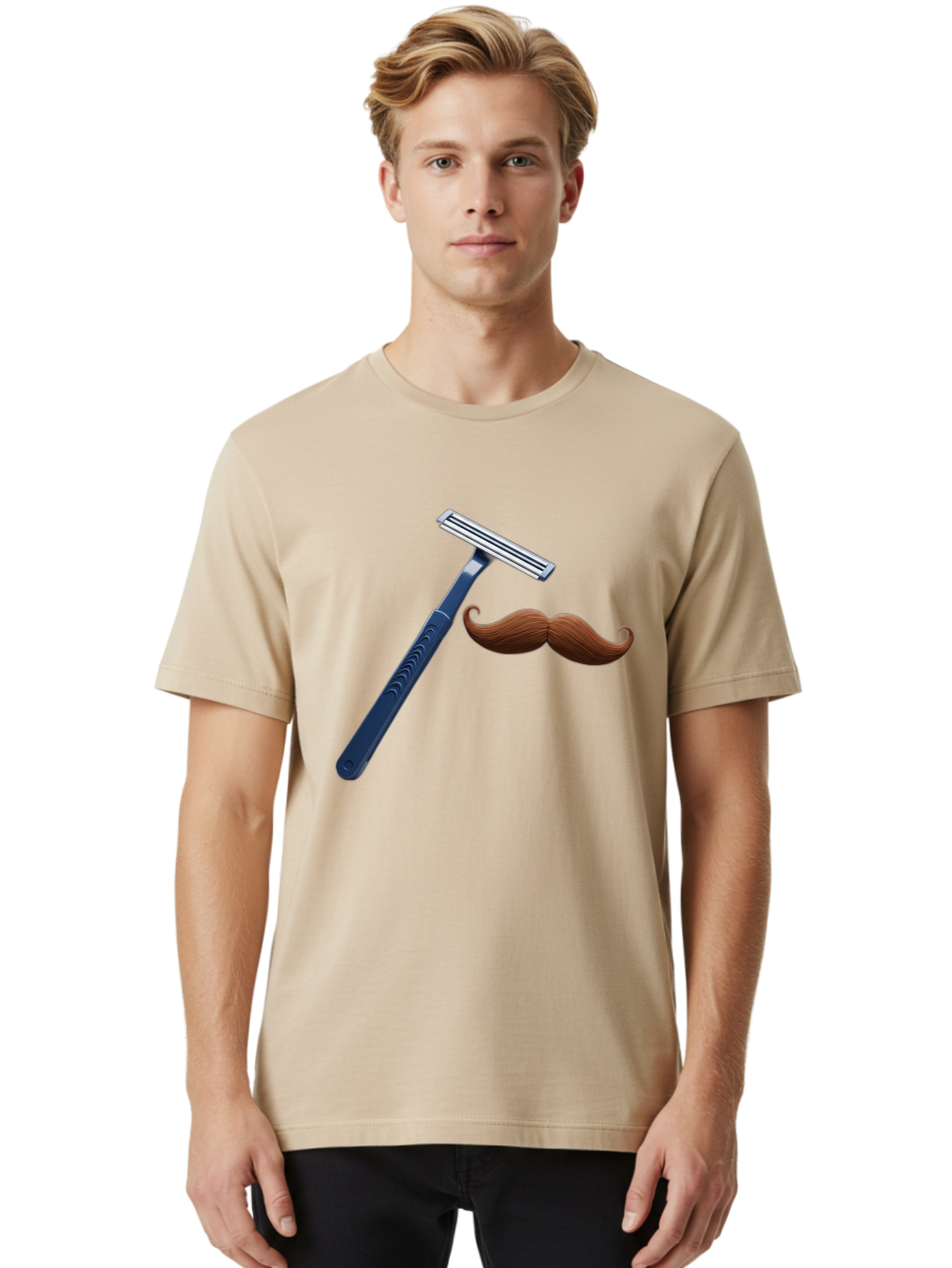 Razor-And-Mustache Men'S Graphic Tee, 100% Cotton, Comfortable Casual Summer Wear, Machine Washable, Safety Razor, Shaving Razor, Men'S Grooming, Facial Hair, Mustache, Blue Handle, Silver Head, Grooming Tools, Personal Care Bad474