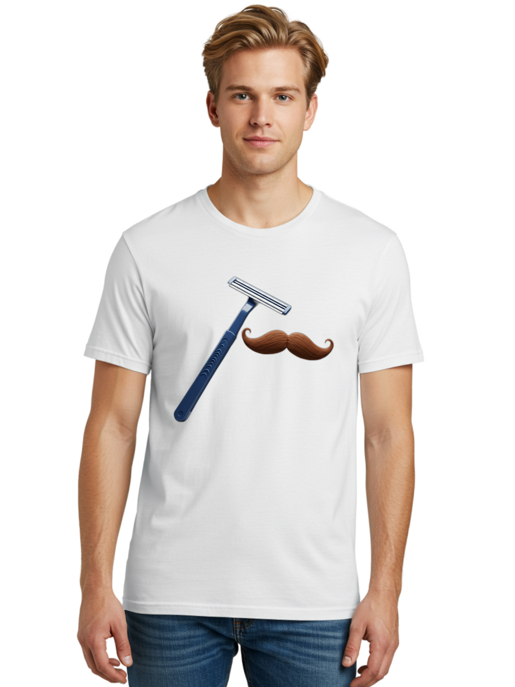 Razor-And-Mustache Men'S Graphic Tee, 100% Cotton, Comfortable Casual Summer Wear, Machine Washable, Safety Razor, Shaving Razor, Men'S Grooming, Facial Hair, Mustache, Blue Handle, Silver Head, Grooming Tools, Personal Care Bad474