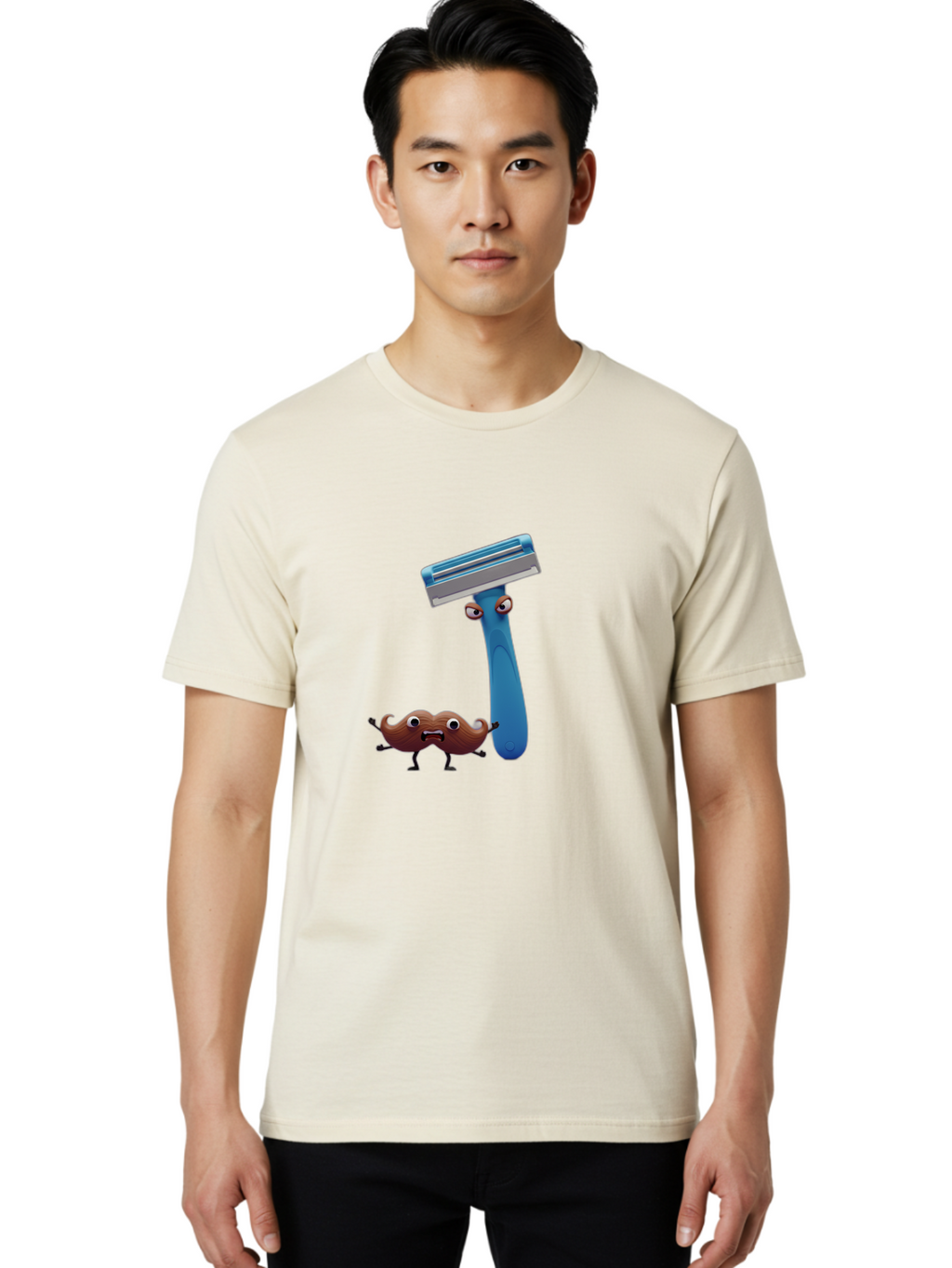 Razor-And-Pubic-Hair Men'S Graphic Tee, 100% Cotton, Comfortable Casual Summer Wear, Machine Washable, Cartoon Razor, Safety Razor, Shaving Razor, Blue Handle, Cartoon Eyes, Humor, Men'S Grooming, Personal Care, Razor Blade Bad475