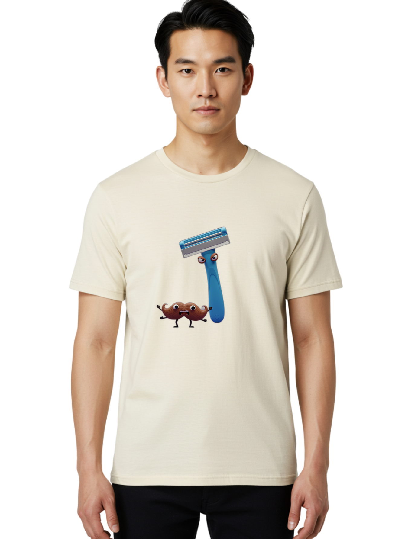 Razor-And-Pubic-Hair Men'S Graphic Tee, 100% Cotton, Comfortable Casual Summer Wear, Machine Washable, Cartoon Razor, Safety Razor, Shaving Razor, Blue Handle, Cartoon Eyes, Humor, Men'S Grooming, Personal Care, Razor Blade Bad475