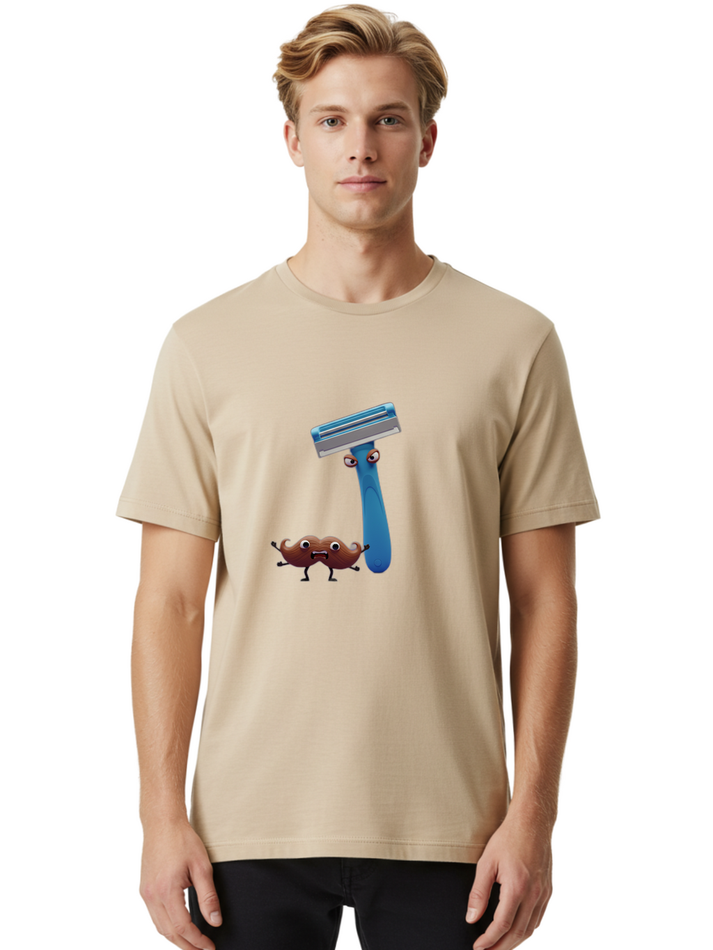 Razor-And-Pubic-Hair Men'S Graphic Tee, 100% Cotton, Comfortable Casual Summer Wear, Machine Washable, Cartoon Razor, Safety Razor, Shaving Razor, Blue Handle, Cartoon Eyes, Humor, Men'S Grooming, Personal Care, Razor Blade Bad475