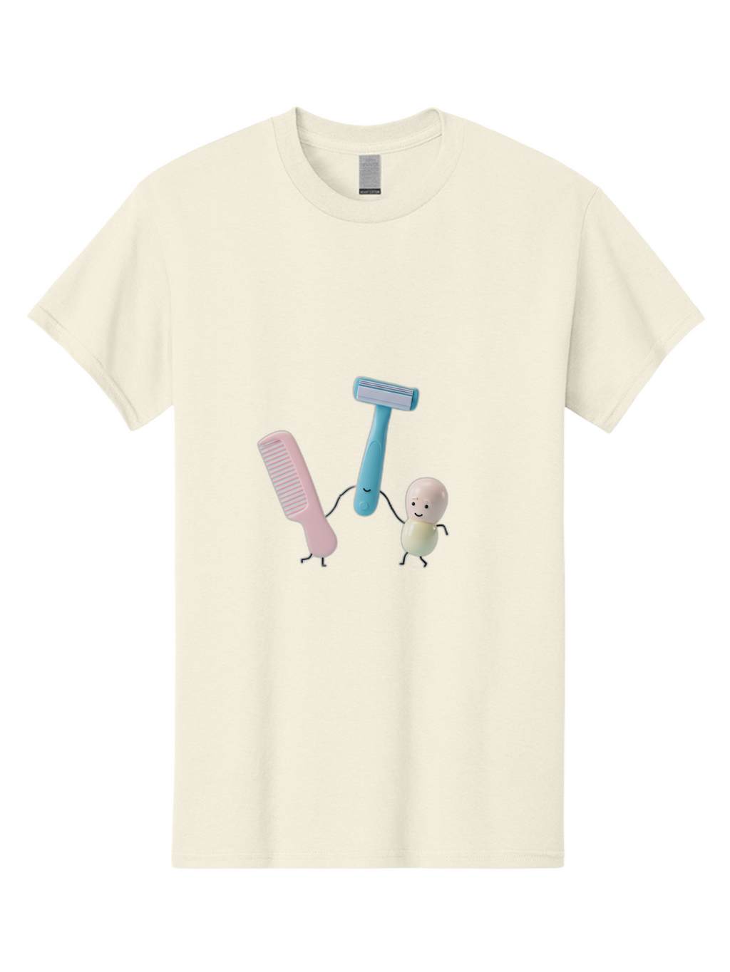 Razor-Comb-And-Egg Men'S Graphic Tee, 100% Cotton, Comfortable Casual Summer Wear, Machine Washable, Shaving, Grooming, Personal Care, Cartoon Characters, Pink Comb, Blue Razor, Smiling Egg, Cute Scene, Hygiene Products, Funny Illustration Bad476