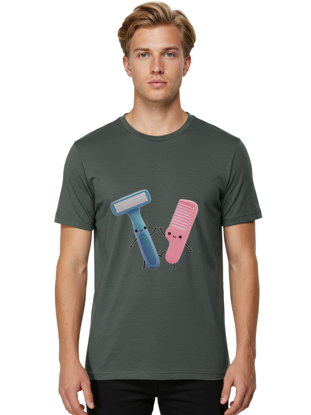 Razor-Duo Men'S Graphic Tee, 100% Cotton, Comfortable Casual Summer Wear, Machine Washable, Cartoon Razors, Pink And Blue Razors, Razor Characters, Shaving, Personal Care, Hygiene Products, Grooming, Razor Blades Bad477