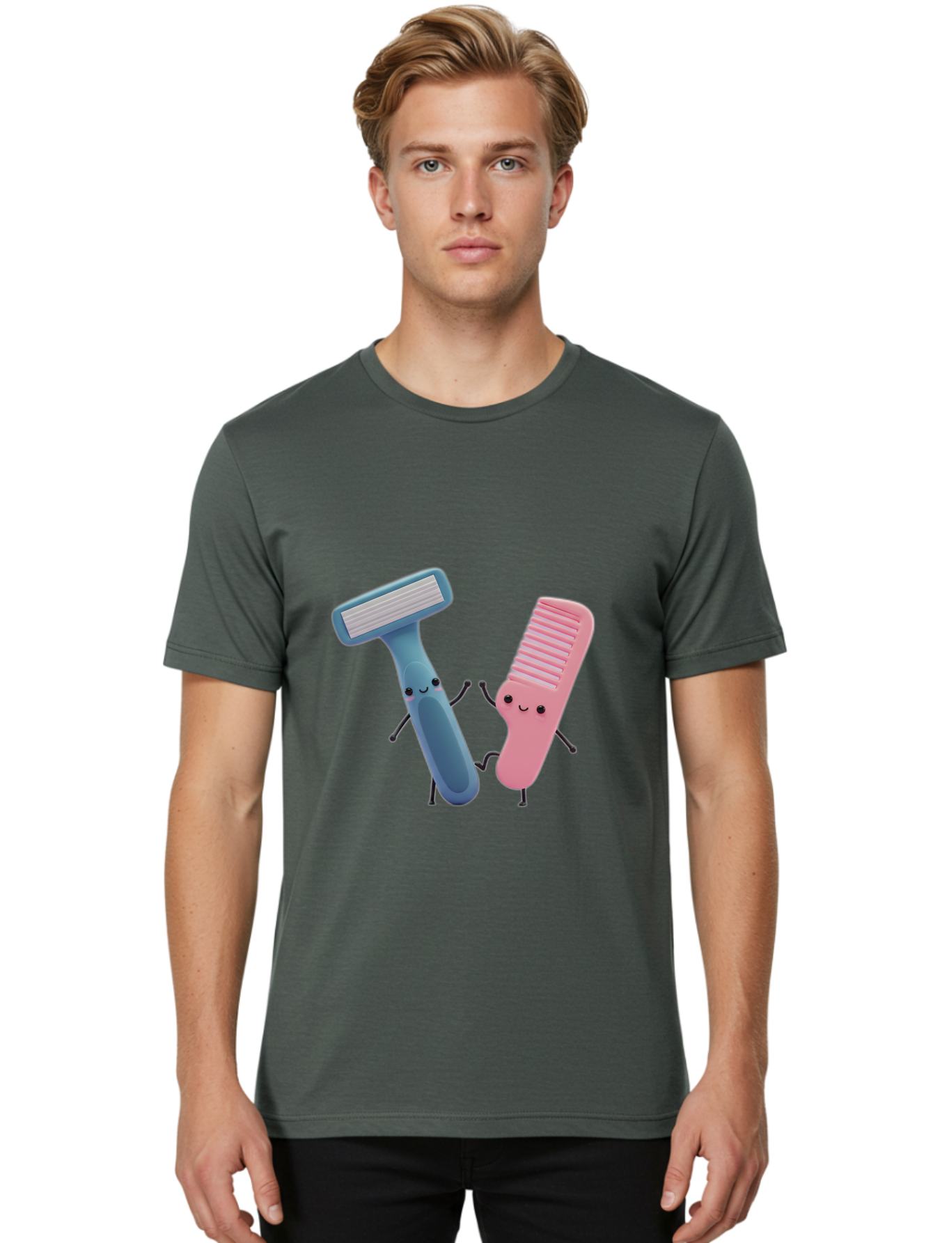 Razor-Duo Men'S Graphic Tee, 100% Cotton, Comfortable Casual Summer Wear, Machine Washable, Cartoon Razors, Pink And Blue Razors, Razor Characters, Shaving, Personal Care, Hygiene Products, Grooming, Razor Blades Bad477