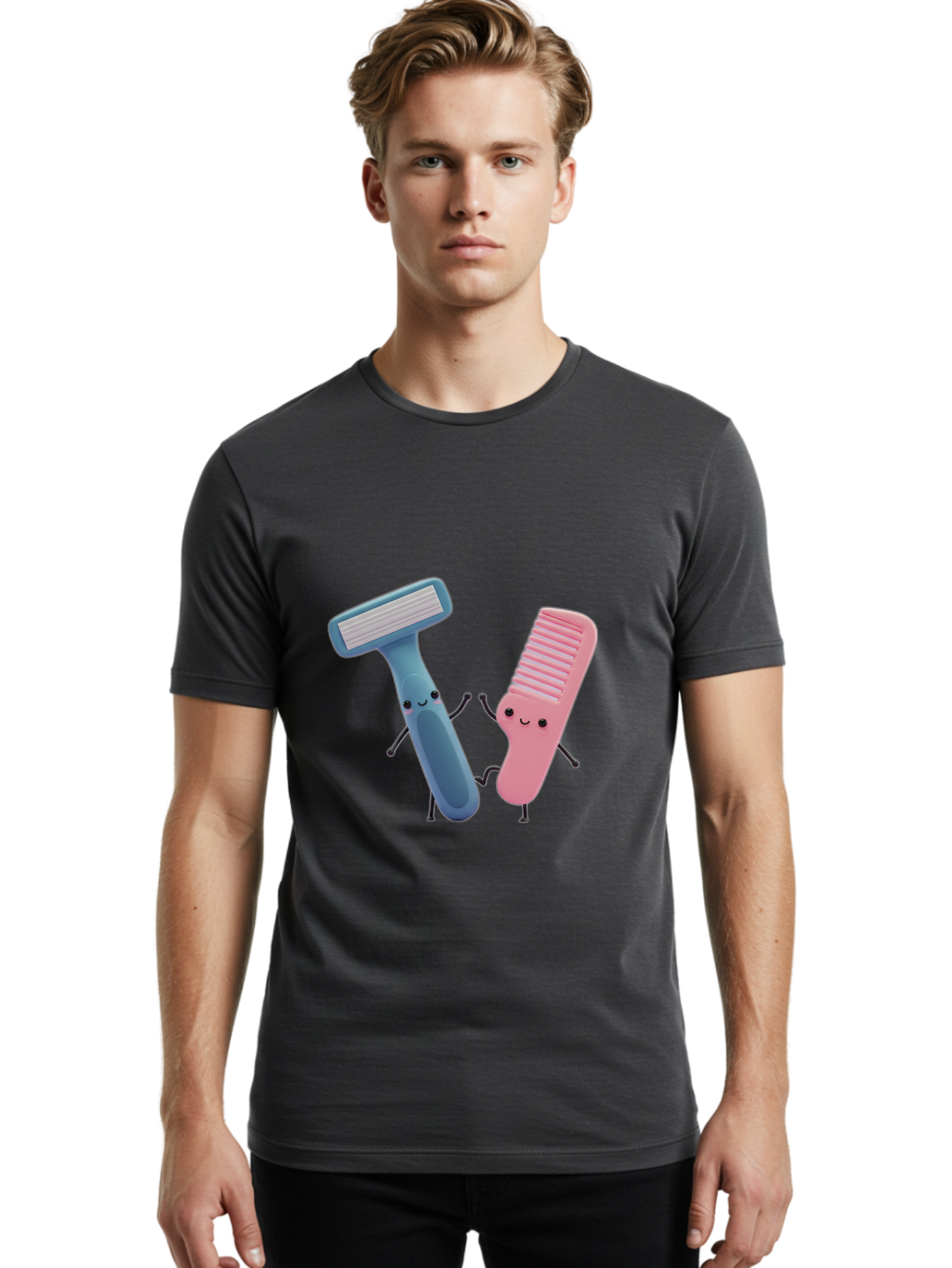 Razor-Duo Men'S Graphic Tee, 100% Cotton, Comfortable Casual Summer Wear, Machine Washable, Cartoon Razors, Pink And Blue Razors, Razor Characters, Shaving, Personal Care, Hygiene Products, Grooming, Razor Blades Bad477