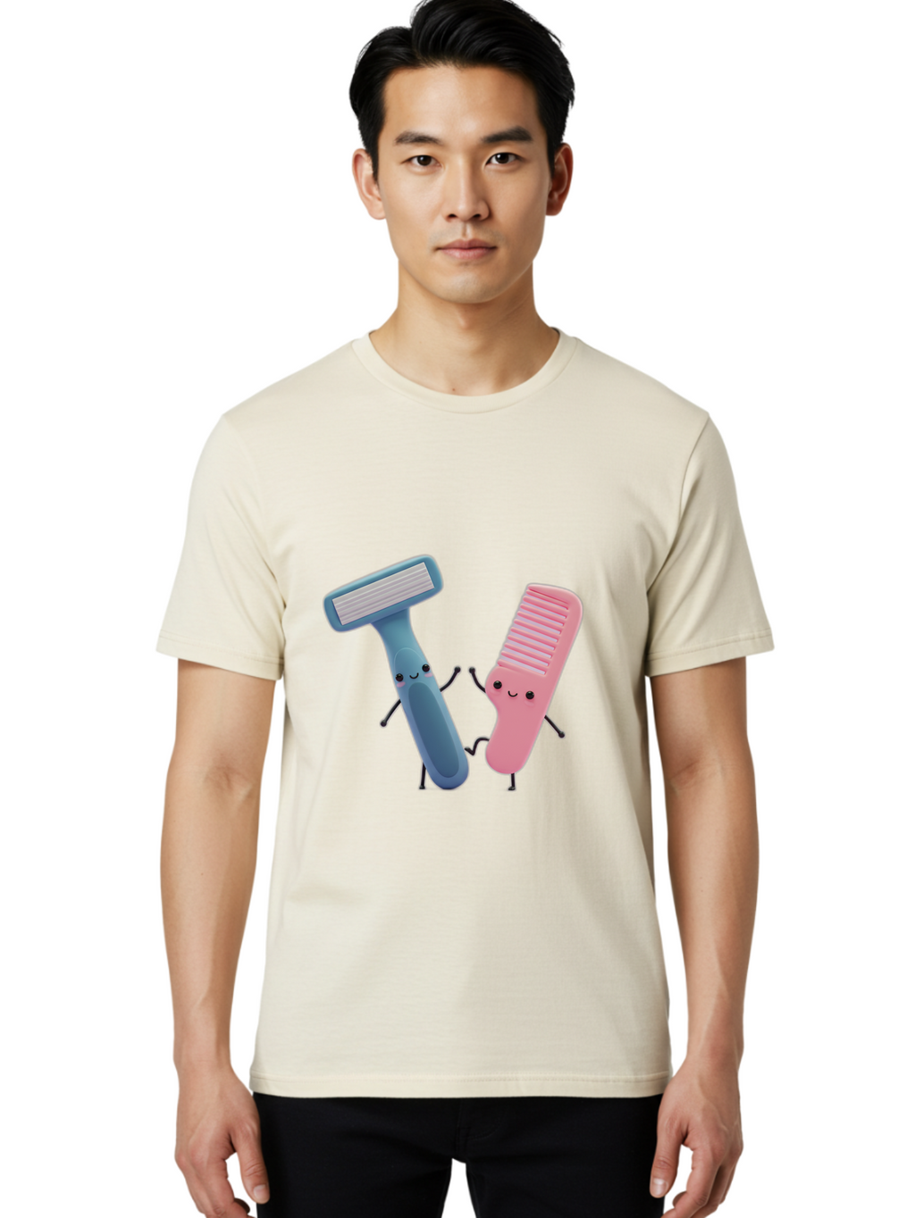 Razor-Duo Men'S Graphic Tee, 100% Cotton, Comfortable Casual Summer Wear, Machine Washable, Cartoon Razors, Pink And Blue Razors, Razor Characters, Shaving, Personal Care, Hygiene Products, Grooming, Razor Blades Bad477
