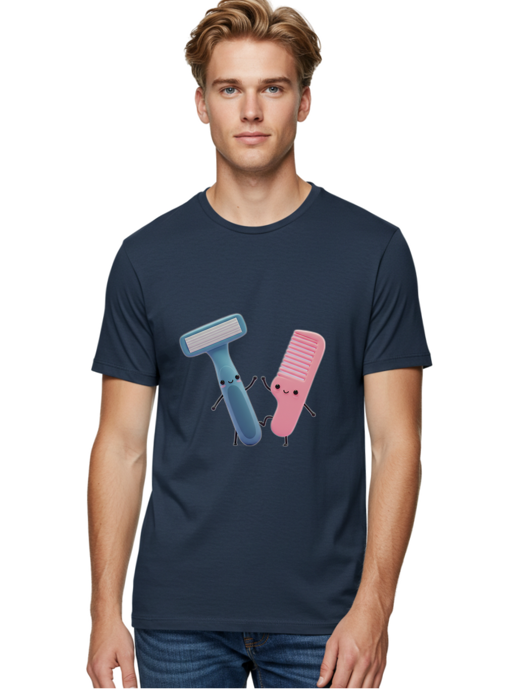 Razor-Duo Men'S Graphic Tee, 100% Cotton, Comfortable Casual Summer Wear, Machine Washable, Cartoon Razors, Pink And Blue Razors, Razor Characters, Shaving, Personal Care, Hygiene Products, Grooming, Razor Blades Bad477
