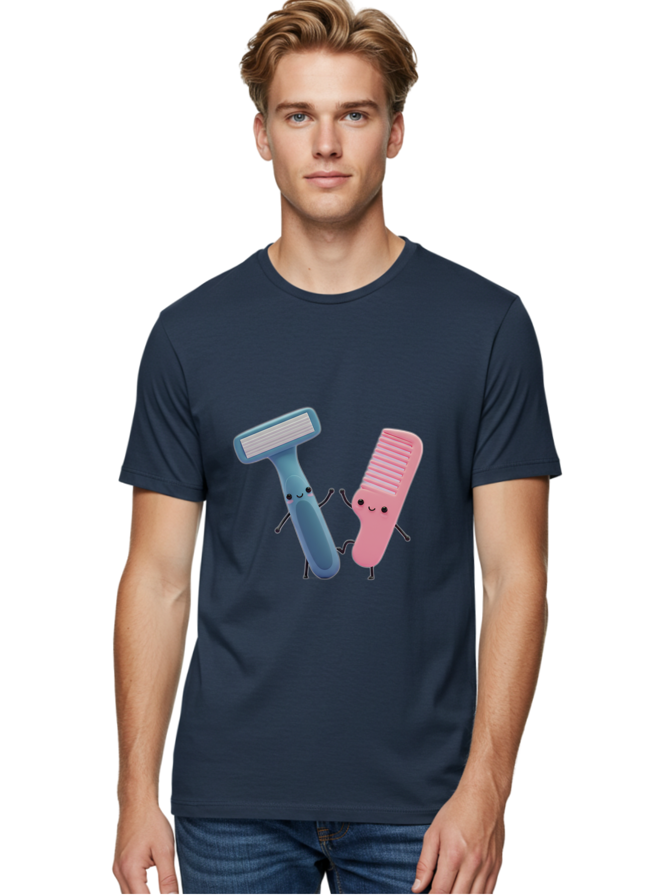 Razor-Duo Men'S Graphic Tee, 100% Cotton, Comfortable Casual Summer Wear, Machine Washable, Cartoon Razors, Pink And Blue Razors, Razor Characters, Shaving, Personal Care, Hygiene Products, Grooming, Razor Blades Bad477