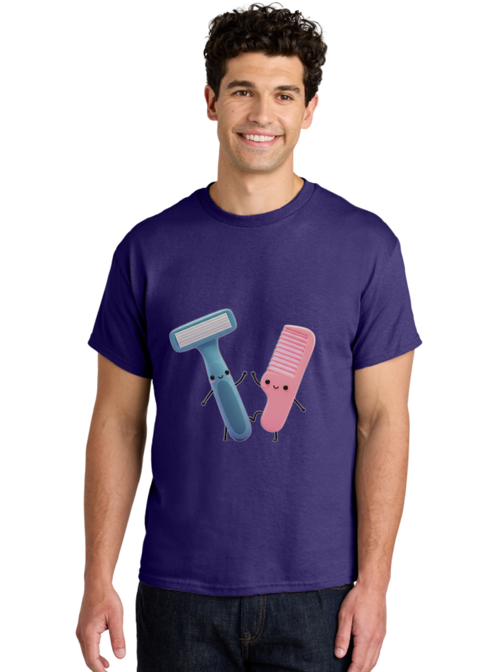 Razor-Duo Men'S Graphic Tee, 100% Cotton, Comfortable Casual Summer Wear, Machine Washable, Cartoon Razors, Pink And Blue Razors, Razor Characters, Shaving, Personal Care, Hygiene Products, Grooming, Razor Blades Bad477