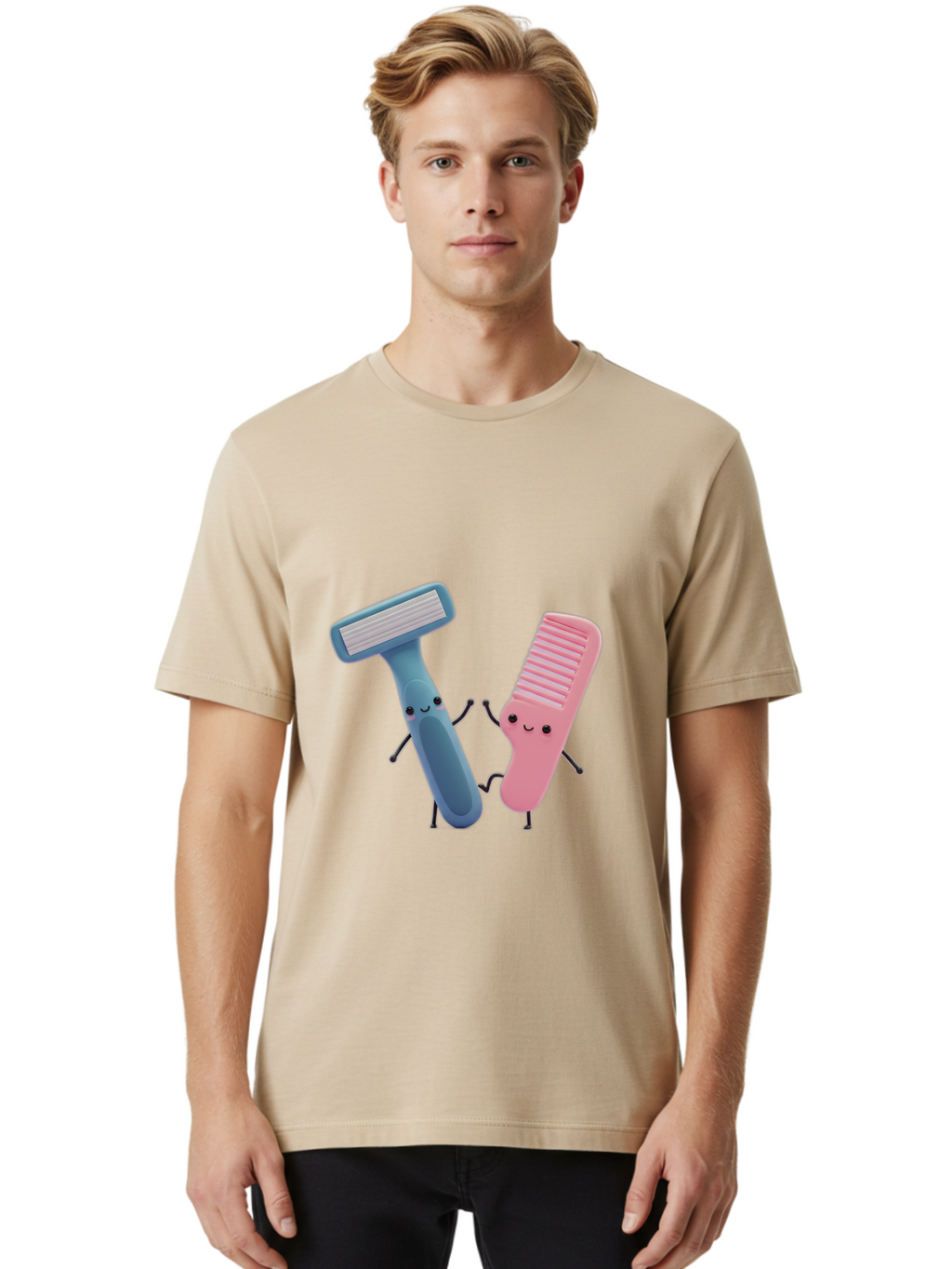 Razor-Duo Men'S Graphic Tee, 100% Cotton, Comfortable Casual Summer Wear, Machine Washable, Cartoon Razors, Pink And Blue Razors, Razor Characters, Shaving, Personal Care, Hygiene Products, Grooming, Razor Blades Bad477