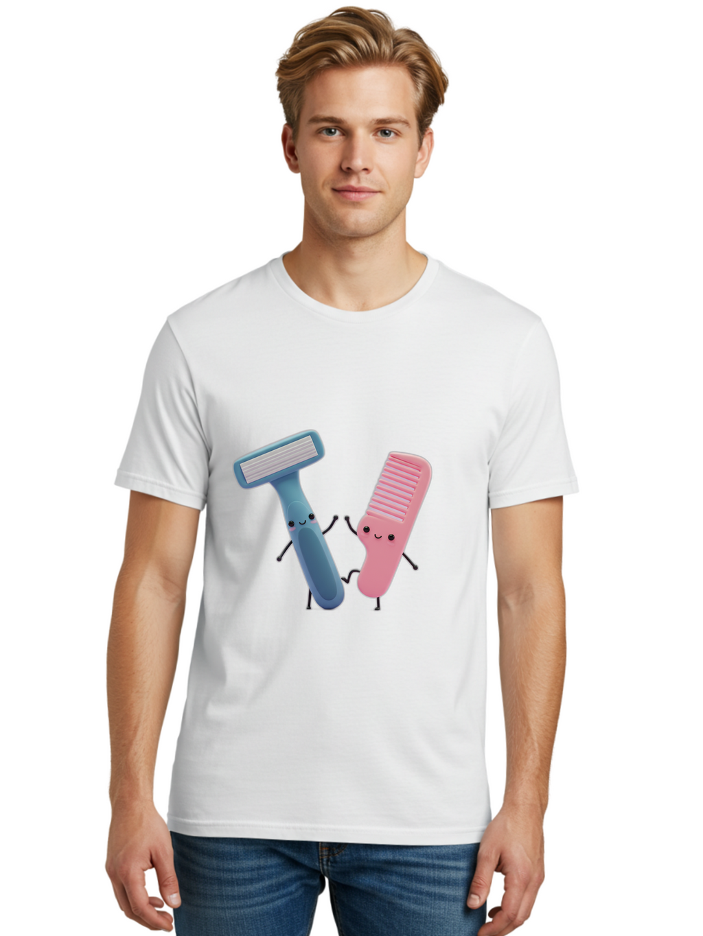 Razor-Duo Men'S Graphic Tee, 100% Cotton, Comfortable Casual Summer Wear, Machine Washable, Cartoon Razors, Pink And Blue Razors, Razor Characters, Shaving, Personal Care, Hygiene Products, Grooming, Razor Blades Bad477