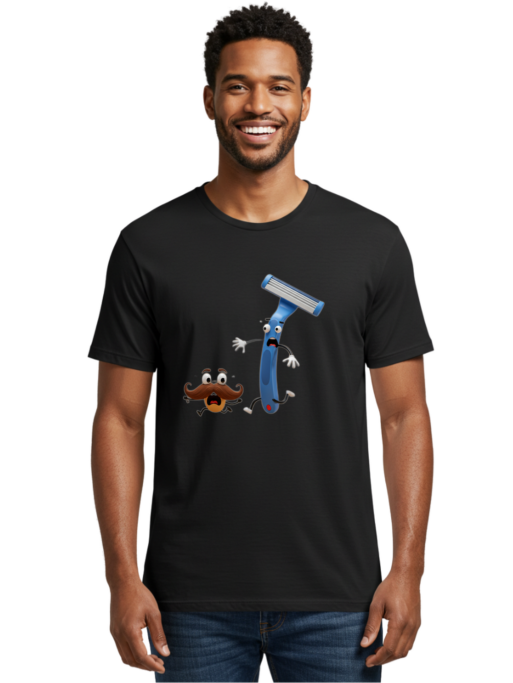 Razor-Vs-Mustache Men'S Graphic Tee, 100% Cotton, Comfortable Casual Summer Wear, Machine Washable, Safety Razor, Cartoon Character, Razor Blade, Mustache, Shaving, Humorous Illustration, Comedic Image, Razor Handle, Cartoon Mustache, Bad479
