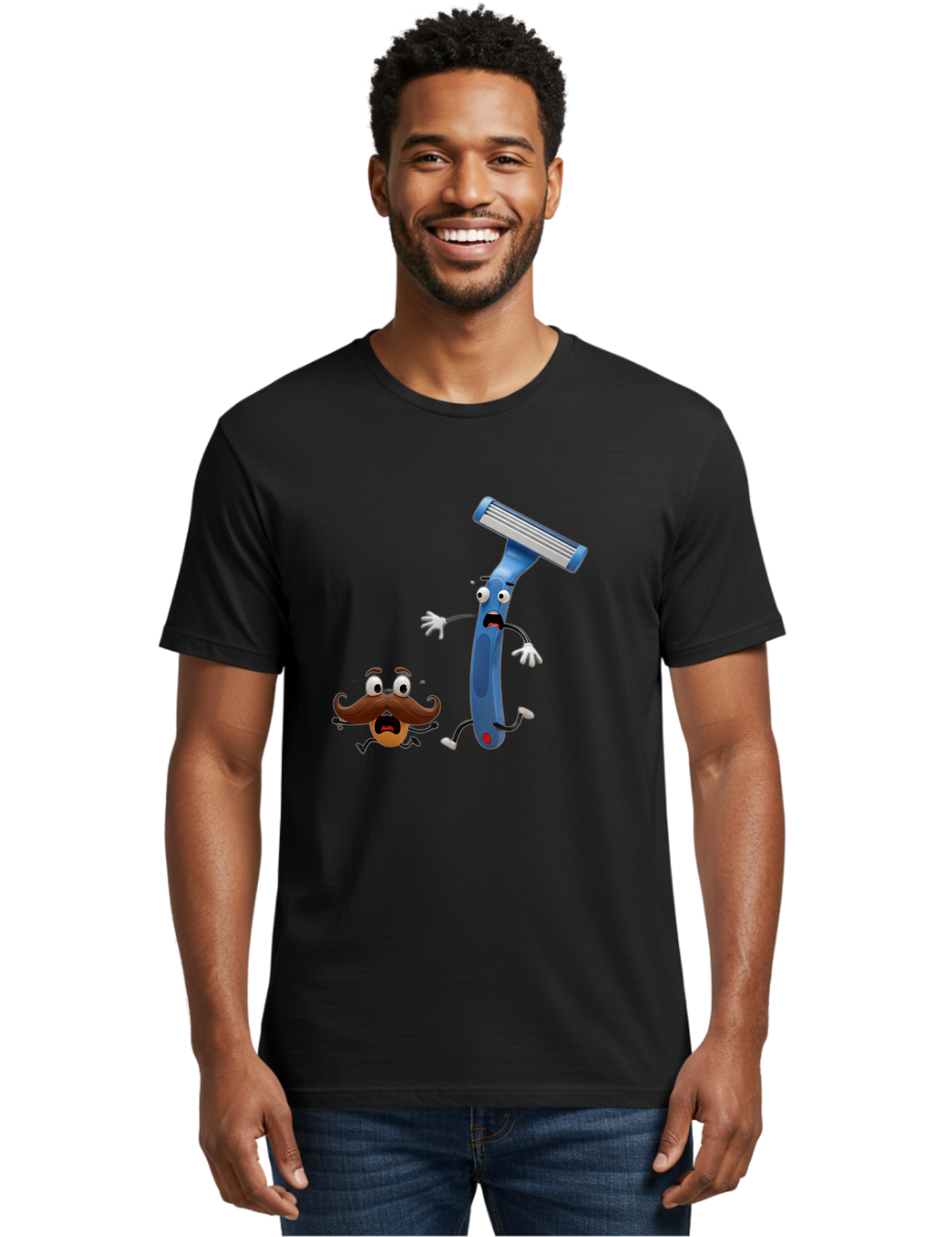 Razor-Vs-Mustache Men'S Graphic Tee, 100% Cotton, Comfortable Casual Summer Wear, Machine Washable, Safety Razor, Cartoon Character, Razor Blade, Mustache, Shaving, Humorous Illustration, Comedic Image, Razor Handle, Cartoon Mustache, Bad479