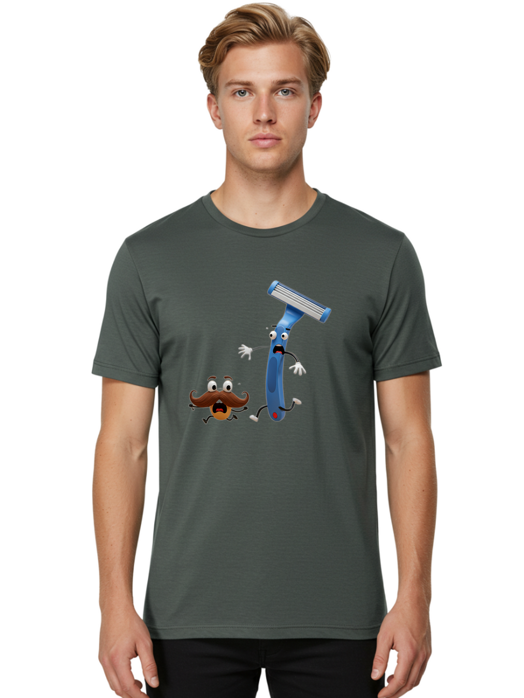 Razor-Vs-Mustache Men'S Graphic Tee, 100% Cotton, Comfortable Casual Summer Wear, Machine Washable, Safety Razor, Cartoon Character, Razor Blade, Mustache, Shaving, Humorous Illustration, Comedic Image, Razor Handle, Cartoon Mustache, Bad479