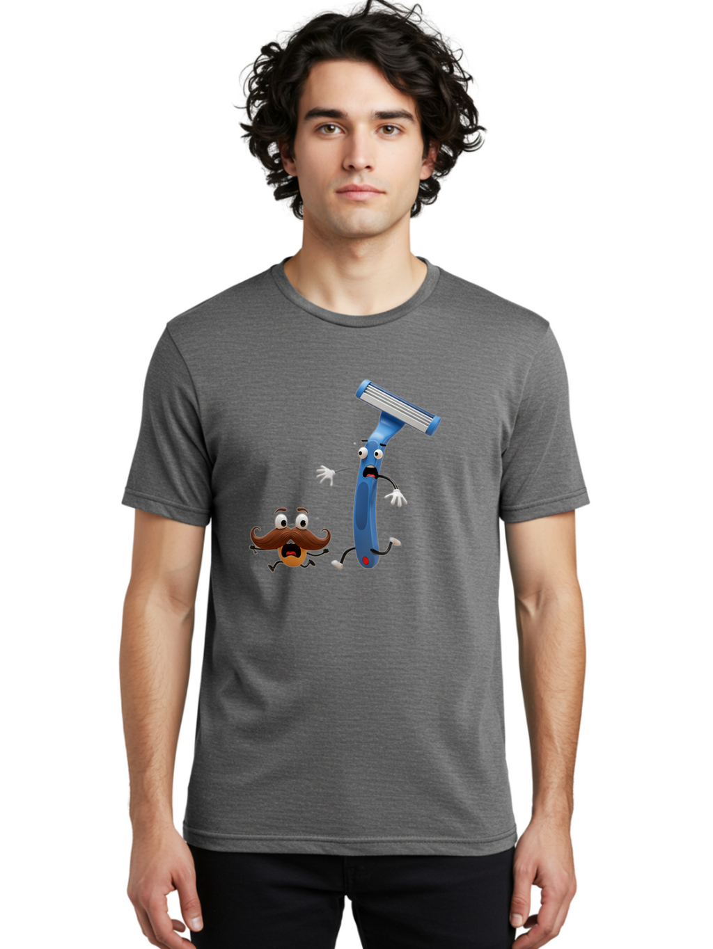 Razor-Vs-Mustache Men'S Graphic Tee, 100% Cotton, Comfortable Casual Summer Wear, Machine Washable, Safety Razor, Cartoon Character, Razor Blade, Mustache, Shaving, Humorous Illustration, Comedic Image, Razor Handle, Cartoon Mustache, Bad479
